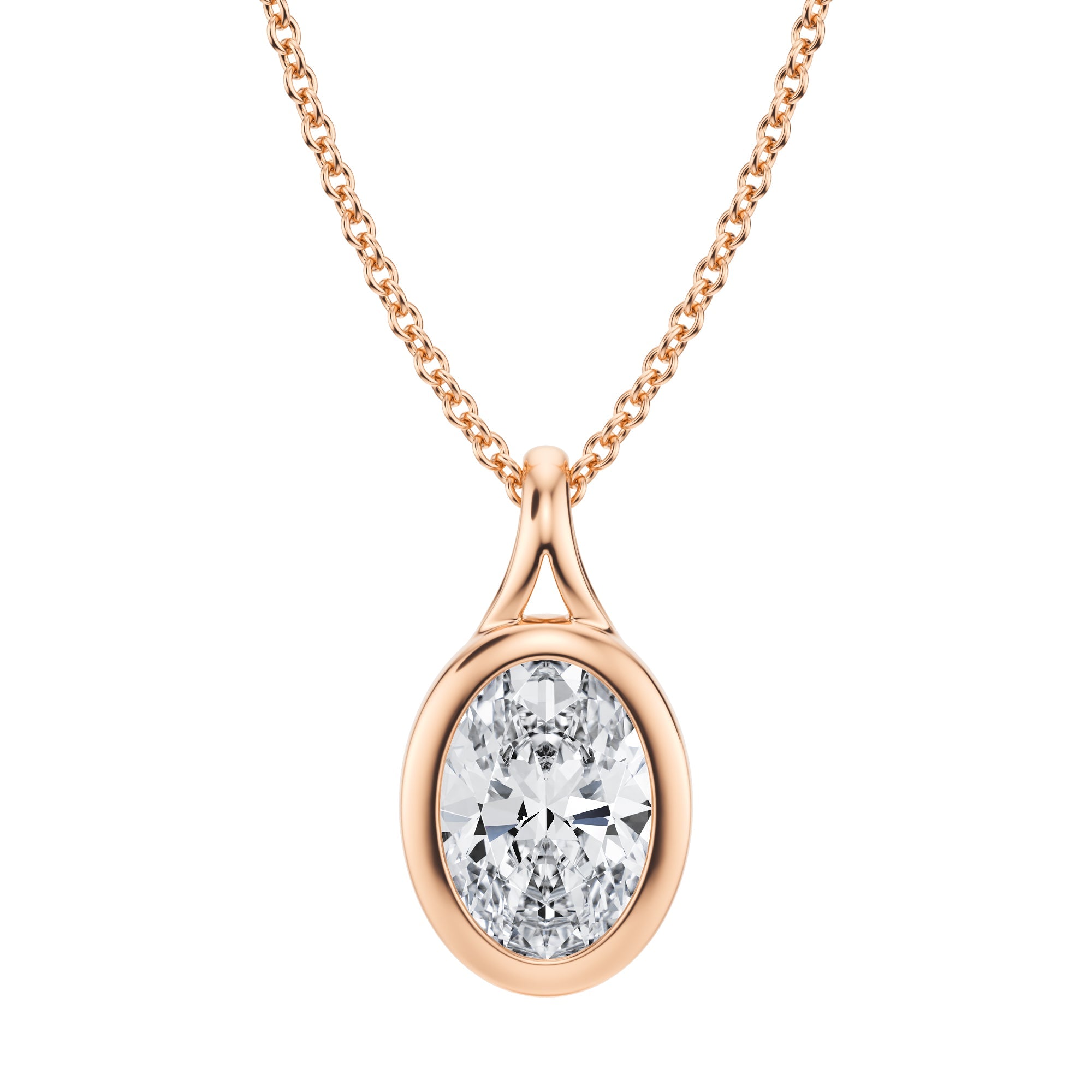 Exquisite 1.5 Carat Oval Lab Grown Diamond Split Bail Bezel Necklace in Pink Gold