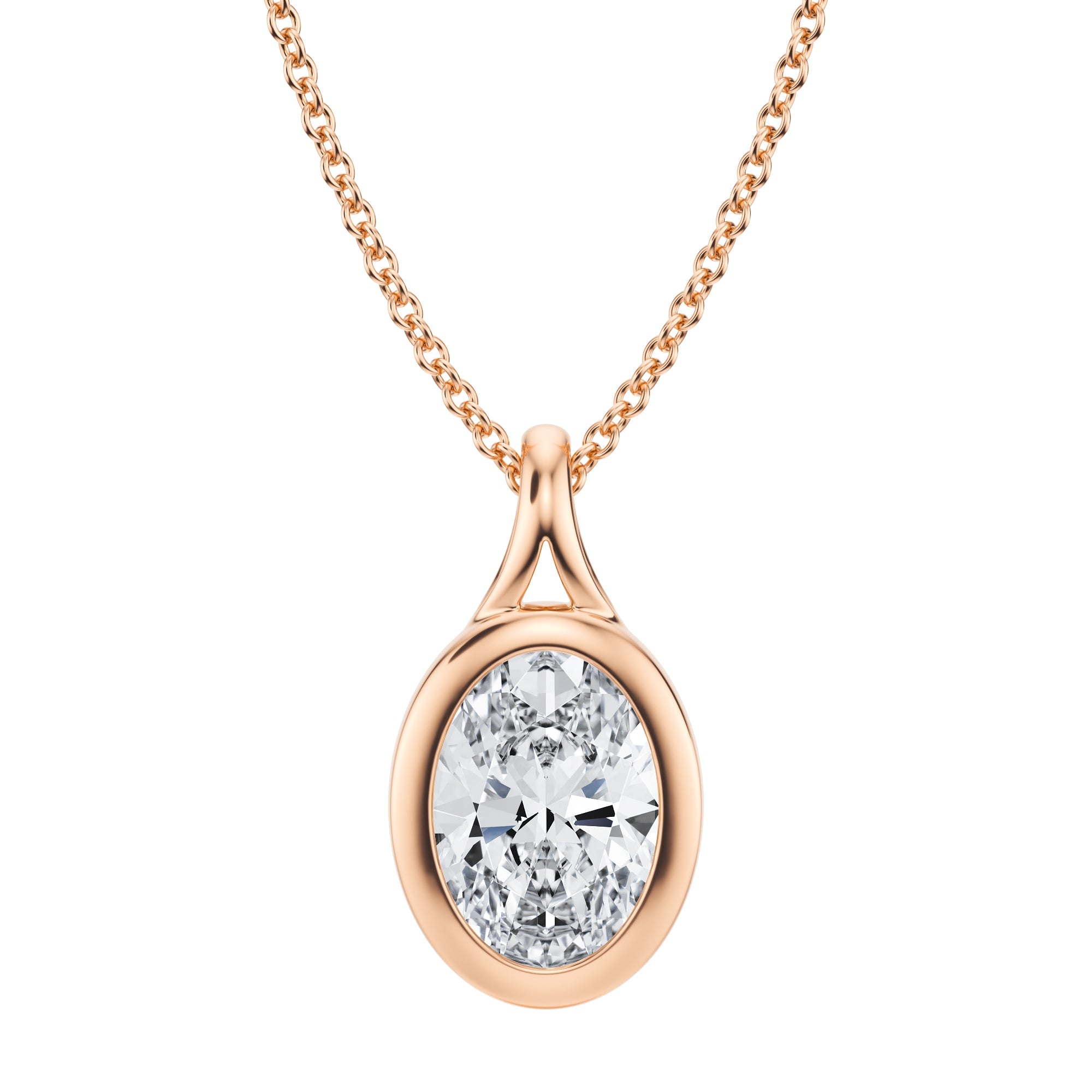 Graceful 2 Carat Oval Lab Grown Diamond  Split Bail Bezel Necklace in Pink Gold