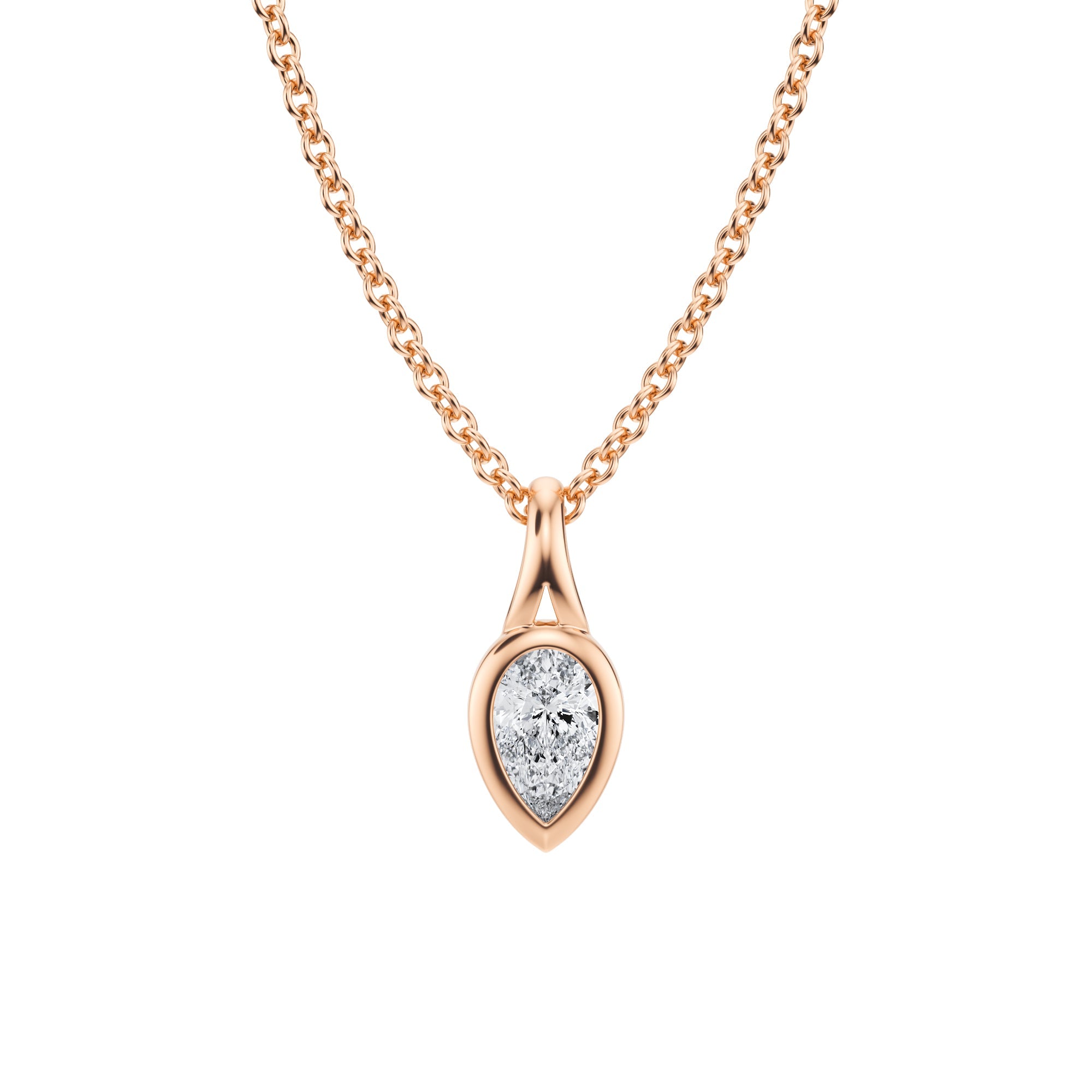 Gorgeous 1/4 Carat Pear Lab Grown Diamond Split Bail Bezel Necklace in Pink Gold