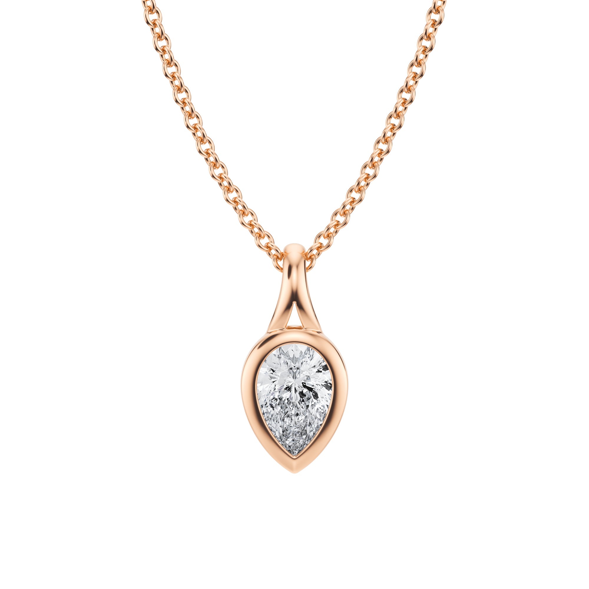 Beautiful 1/2 Carat Pear Lab Grown Diamond Split Bail Bezel Necklace in Pink Gold