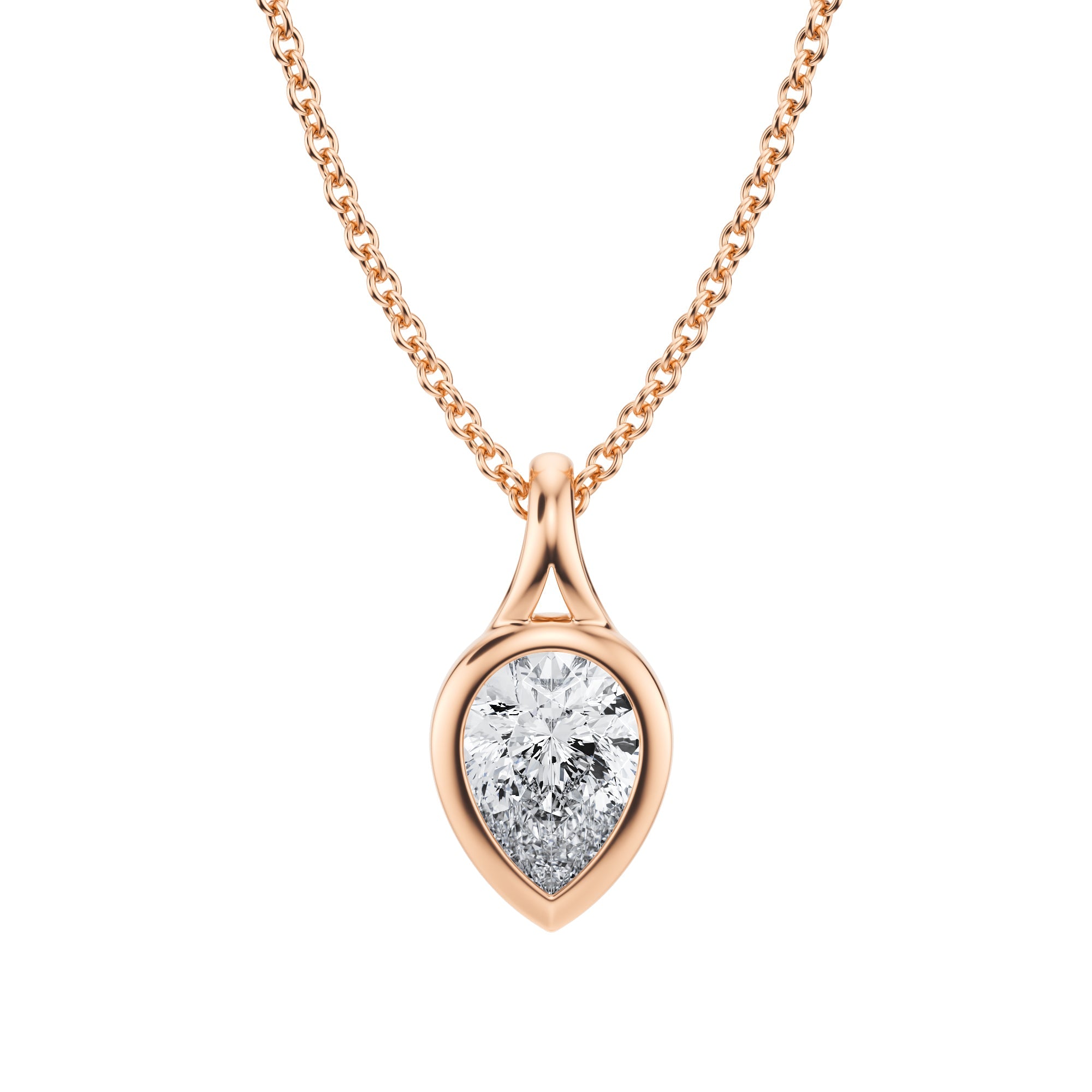 Charming 3/4 Carat Pear Lab Grown Diamond Split Bail Bezel Necklace in Pink Gold