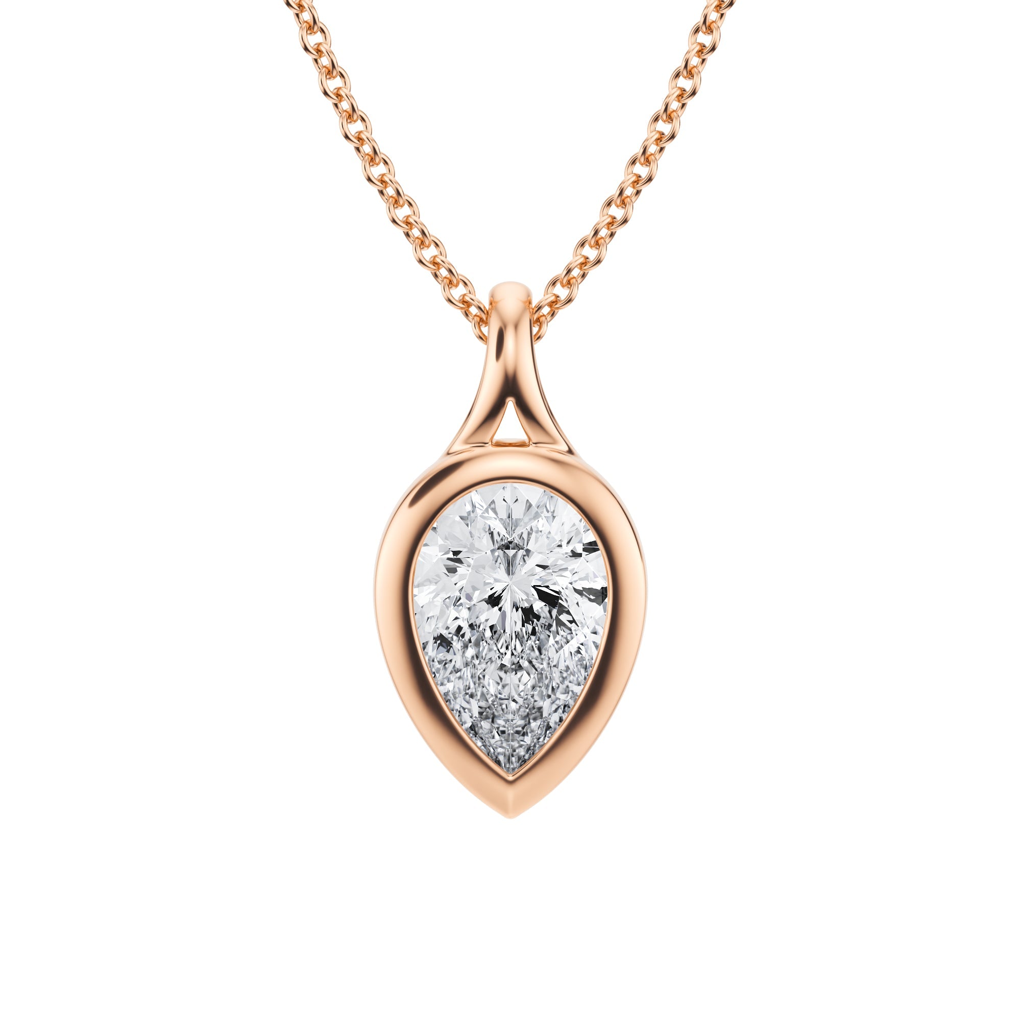 Polished 1.5 Carat Lab Grown Diamond Pear Split Bail Bezel Necklace in Pink Gold