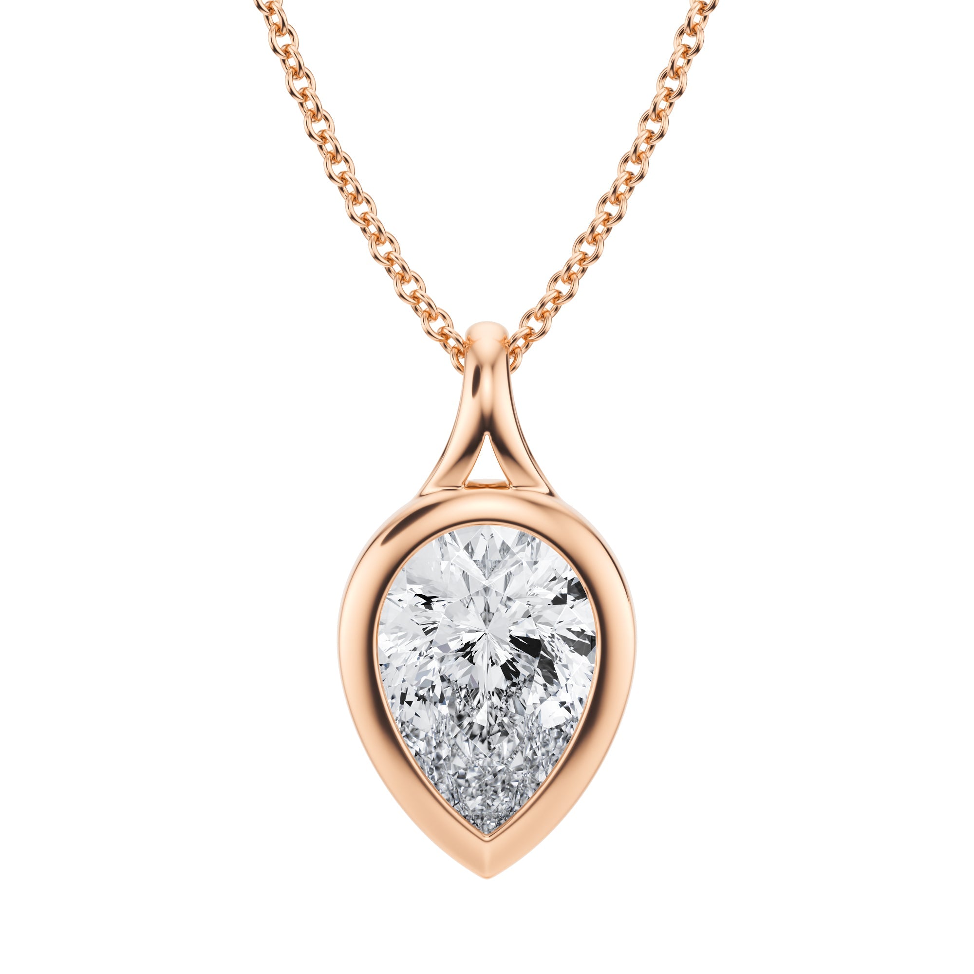 Stylish 2 Carat Lab Grown Diamond Pear Split Bail Bezel Necklace in Pink Gold