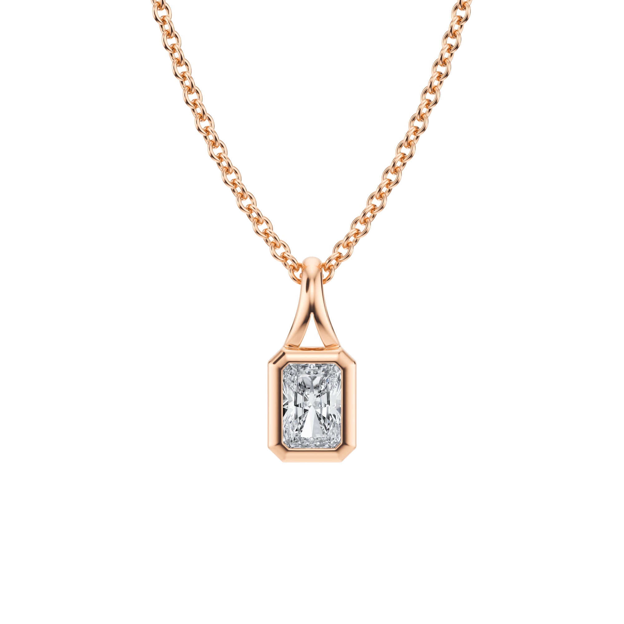 Classic 1/4 Carat Radiant Lab Grown Diamond Split Bail Bezel Necklace in Pink Gold