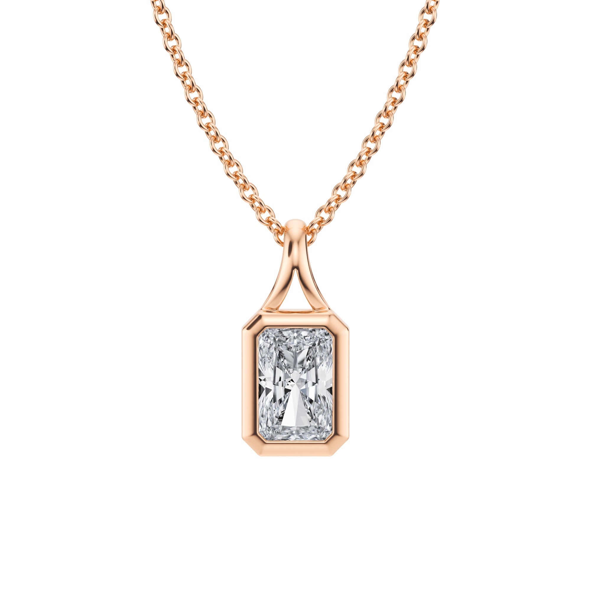 Elegant 1/2 Carat Radiant Lab Grown Diamond Split Bail Bezel Necklace in Pink Gold