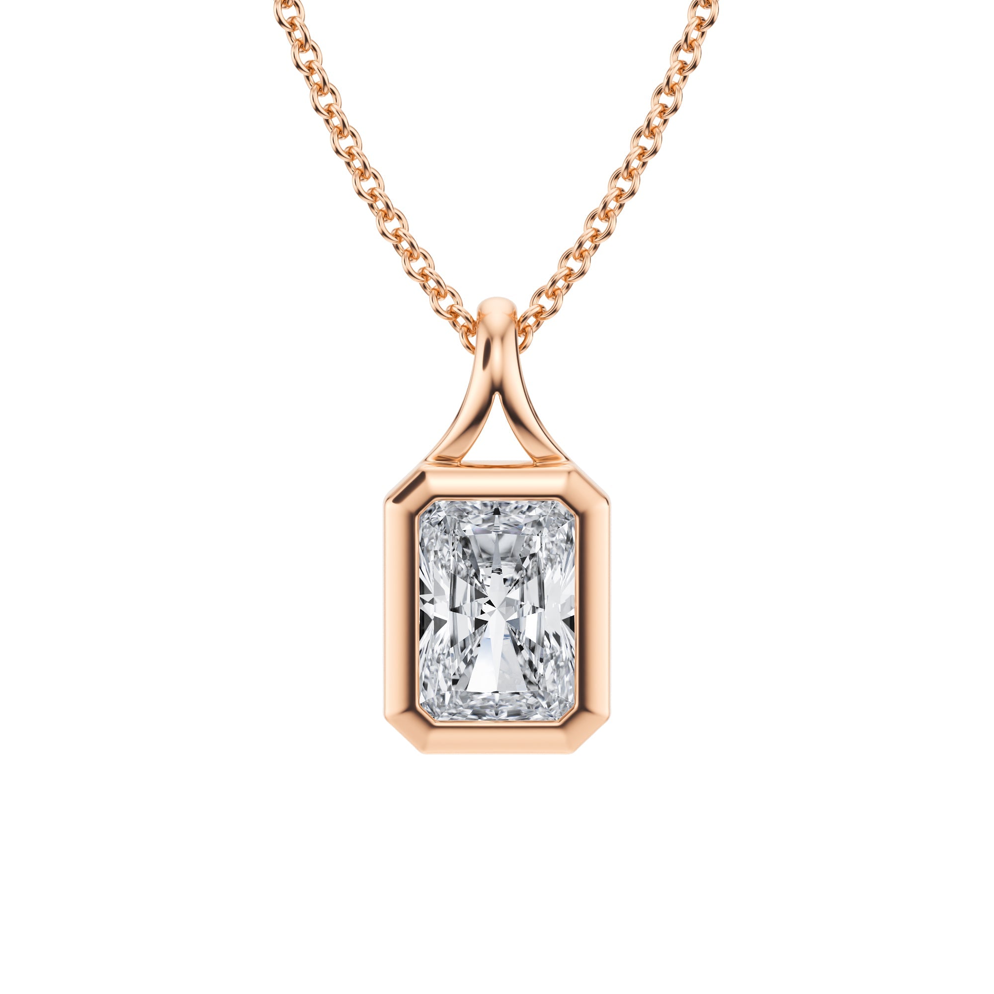 Stylish 1 Carat Radiant Lab Grown Diamond Split Bail Bezel Necklace in Pink Gold