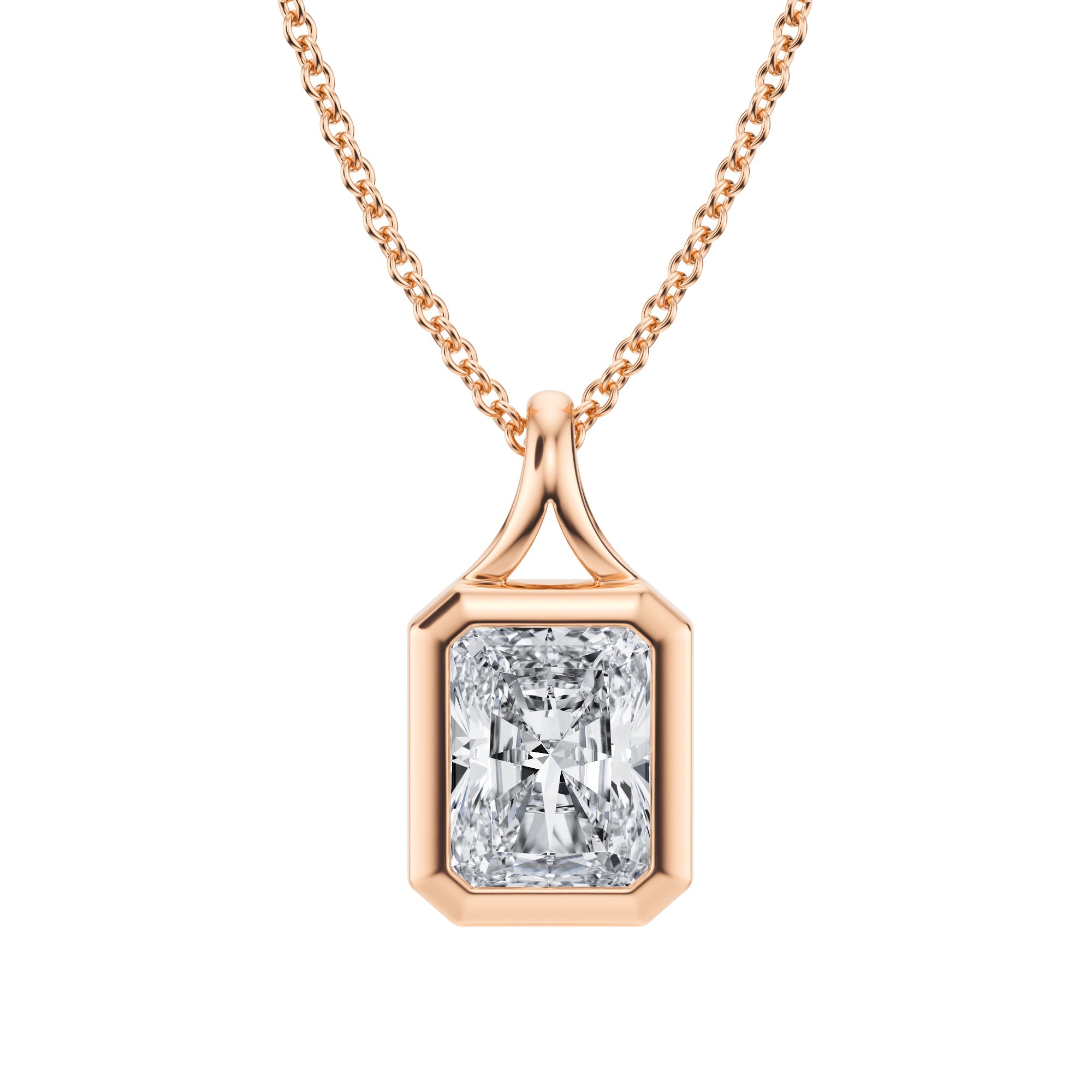 Stunning 1.5 Carat Radiant Lab Grown Diamond Split Bail Bezel Necklace in Pink Gold