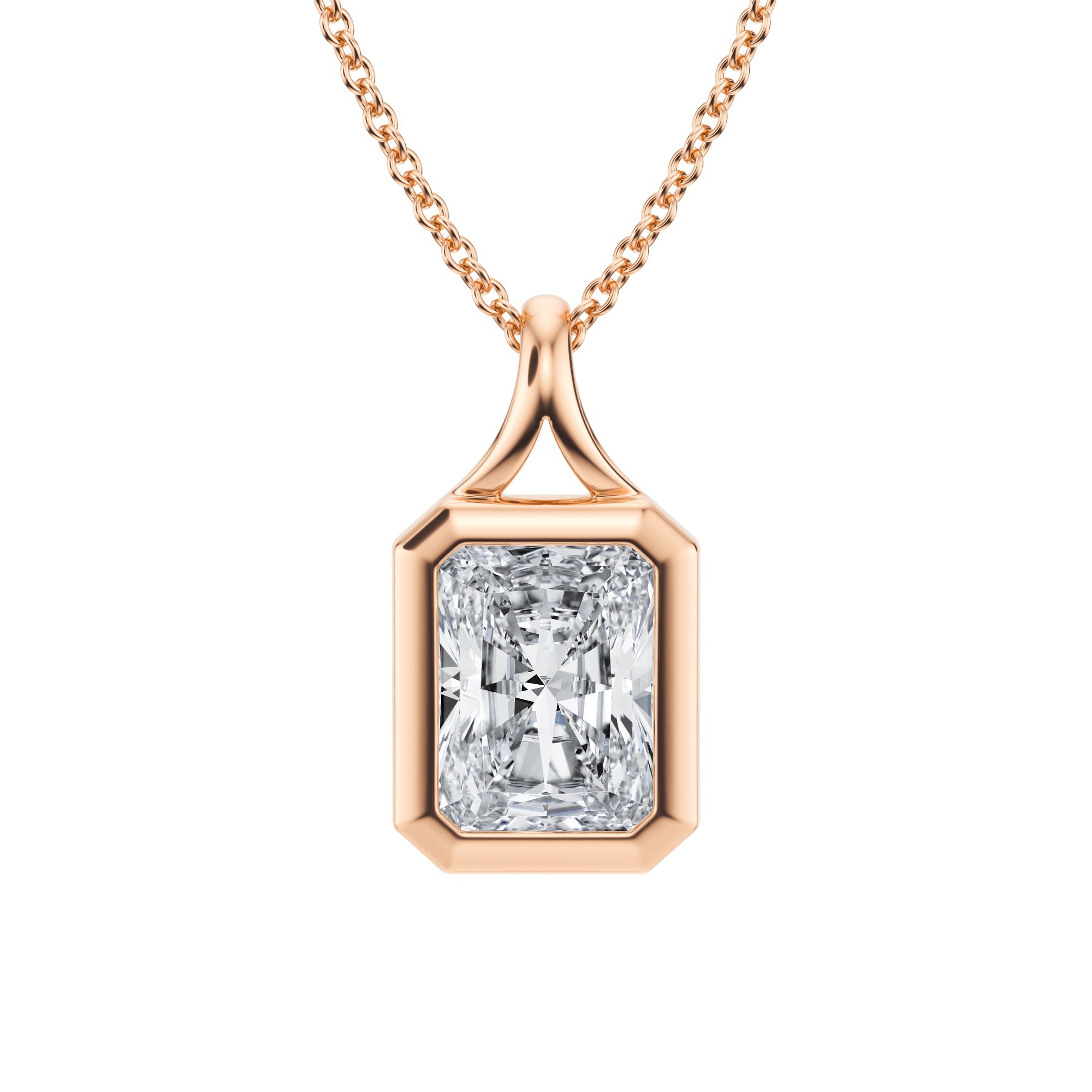 Radiant 2 Carat Lab Grown Diamond Split Bail Bezel Necklace in Pink Gold