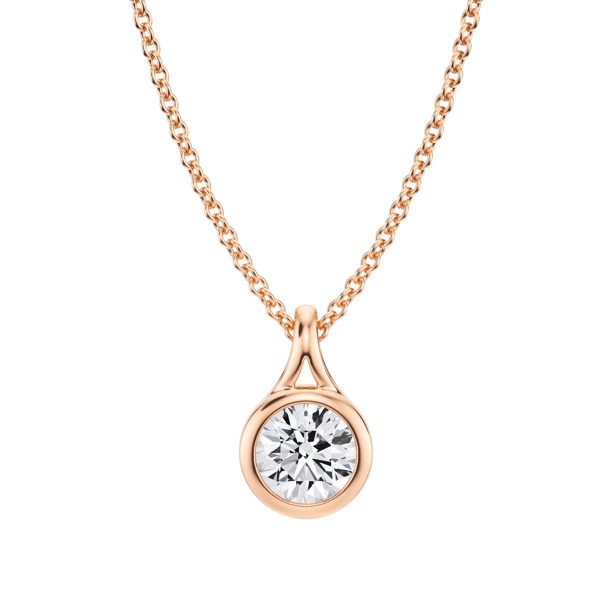 Glamorous 1/2 Carat Round Lab Grown Diamond Split Bail Bezel Necklace in Pink Gold