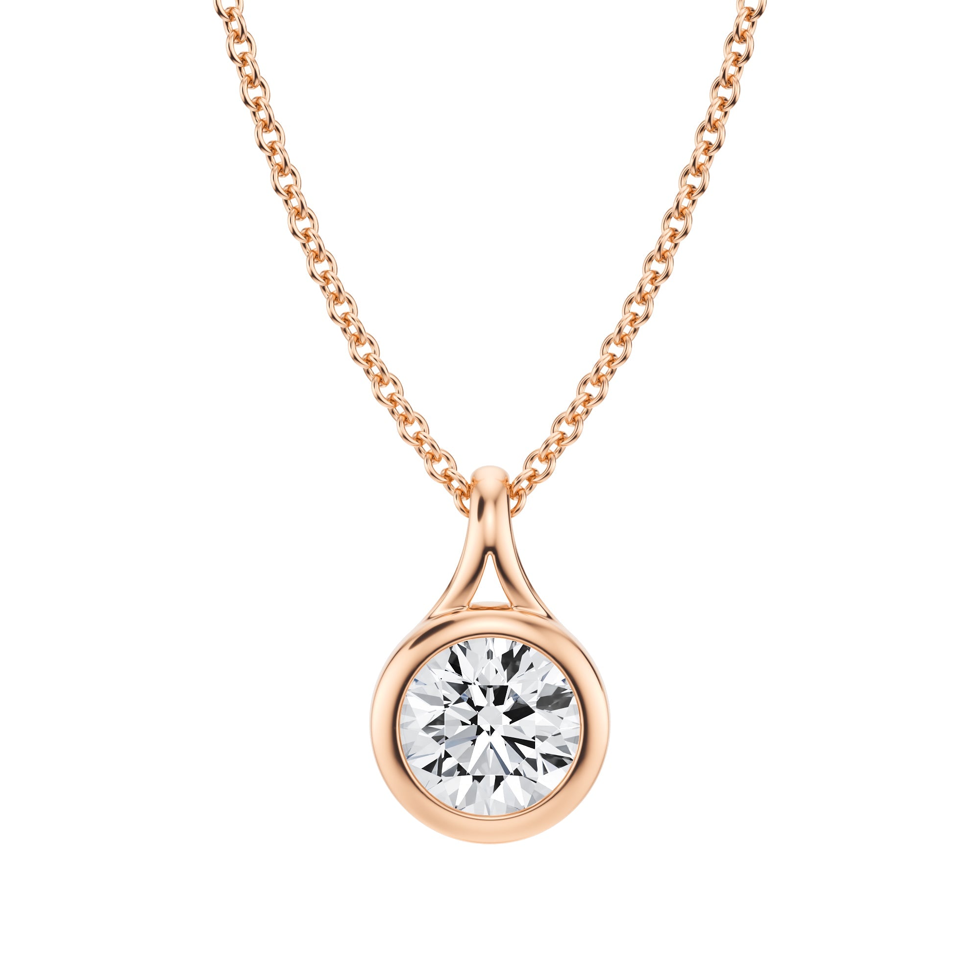 Beautiful 3/4 Carat Round Lab Grown Diamond Split Bail Bezel Necklace in Pink Gold