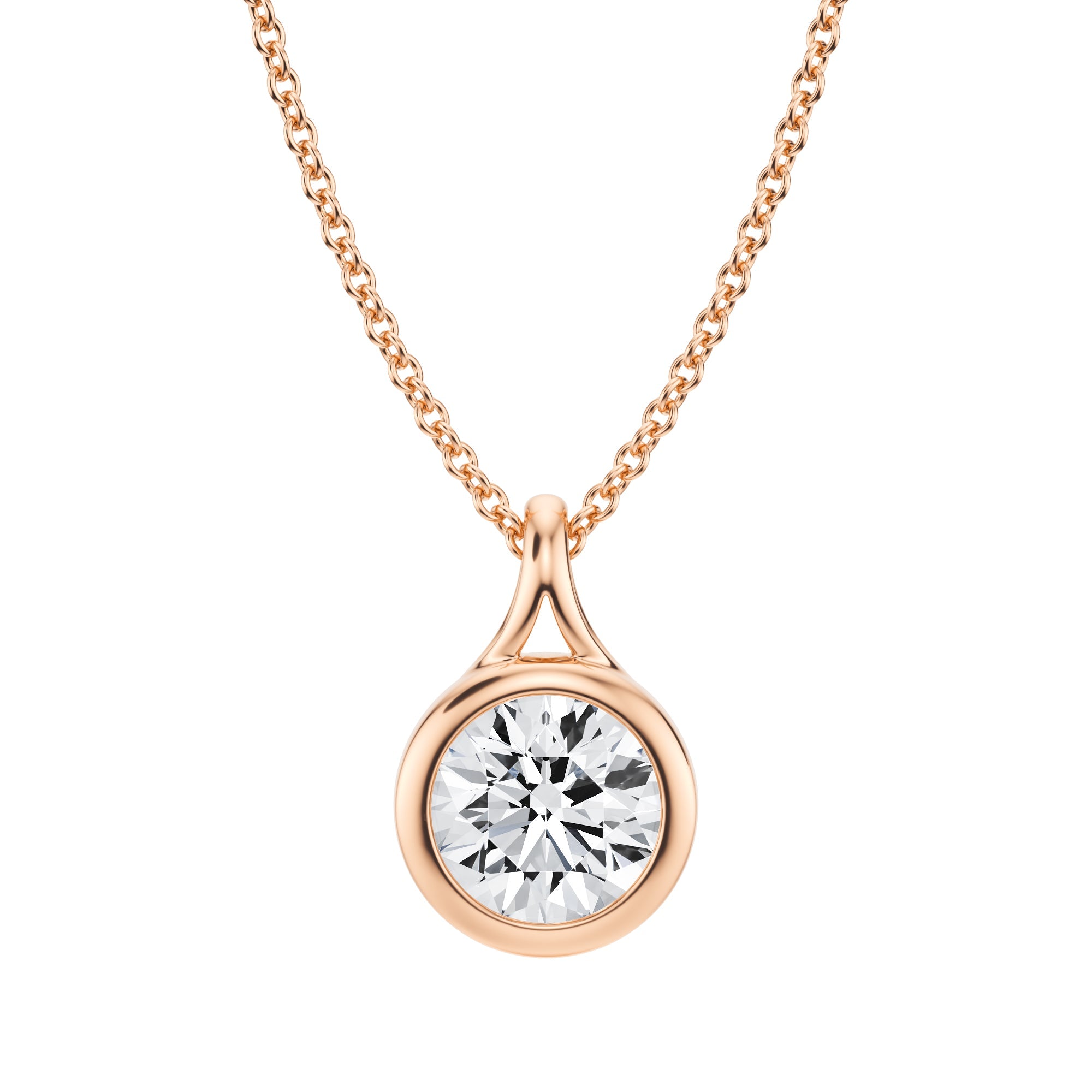 Polished 1 Carat Round Lab Grown Diamond Split Bail Bezel Necklace in Pink Gold