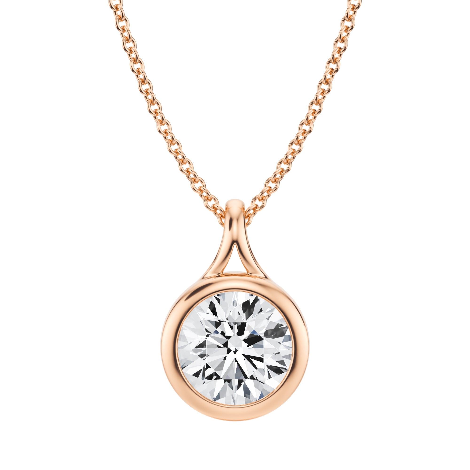 Charming 1.5 Carat Round Lab Grown Diamond Split Bail Bezel Necklace in Pink Gold