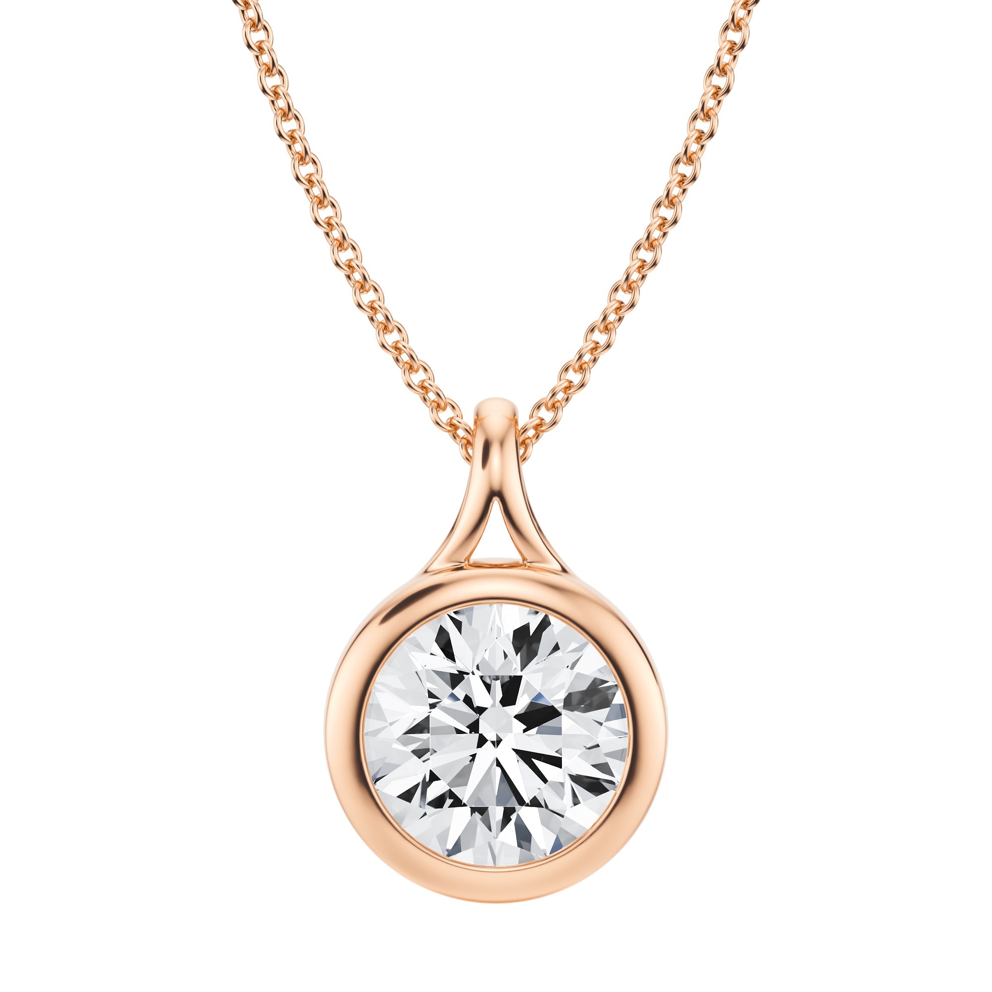 Exquisite 2 Carat Round Lab Grown Diamond Split Bail Bezel Necklace in Pink Gold