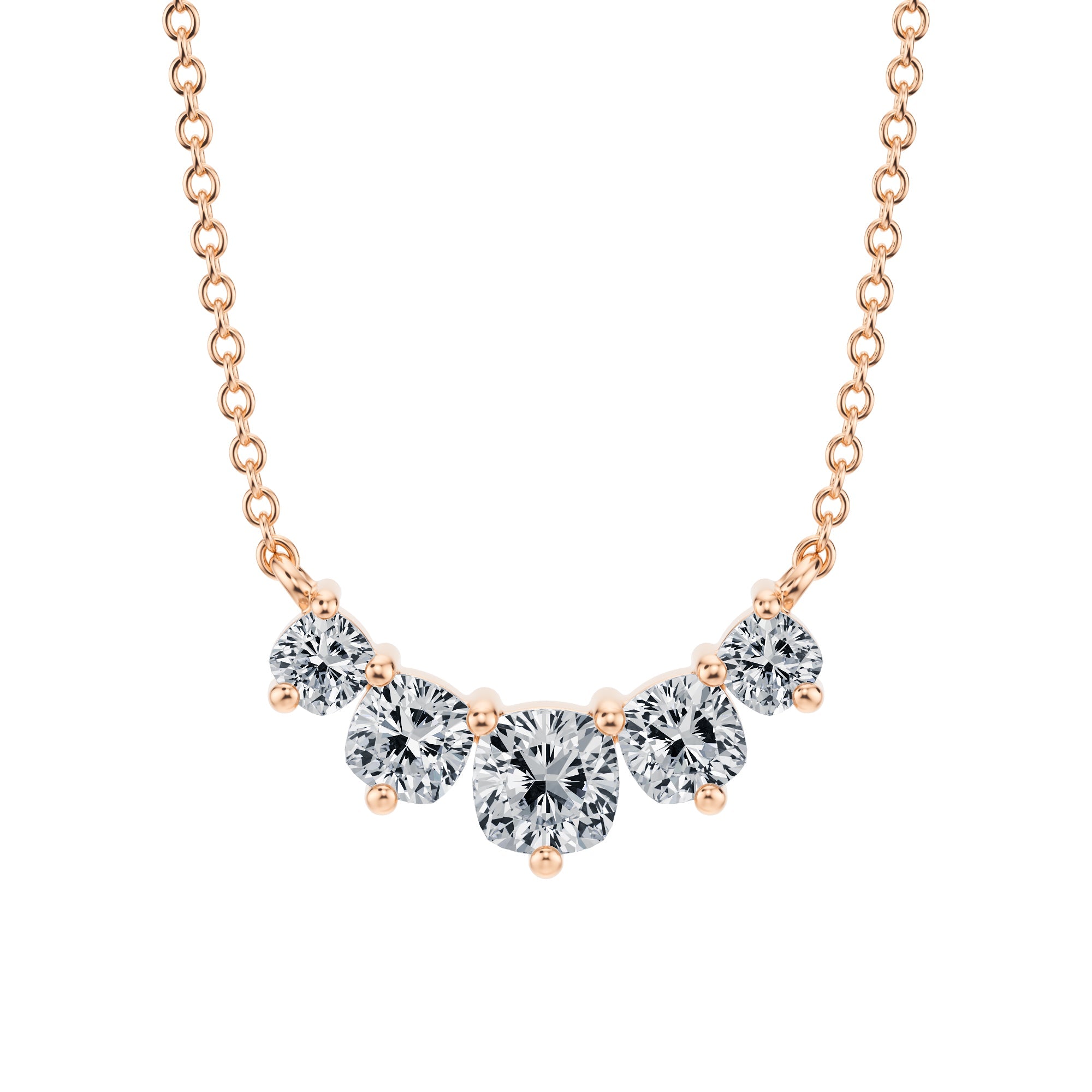 Luxurious 1 TCW graduated necklace with 
lab grown cushion diamonds in pink gold.