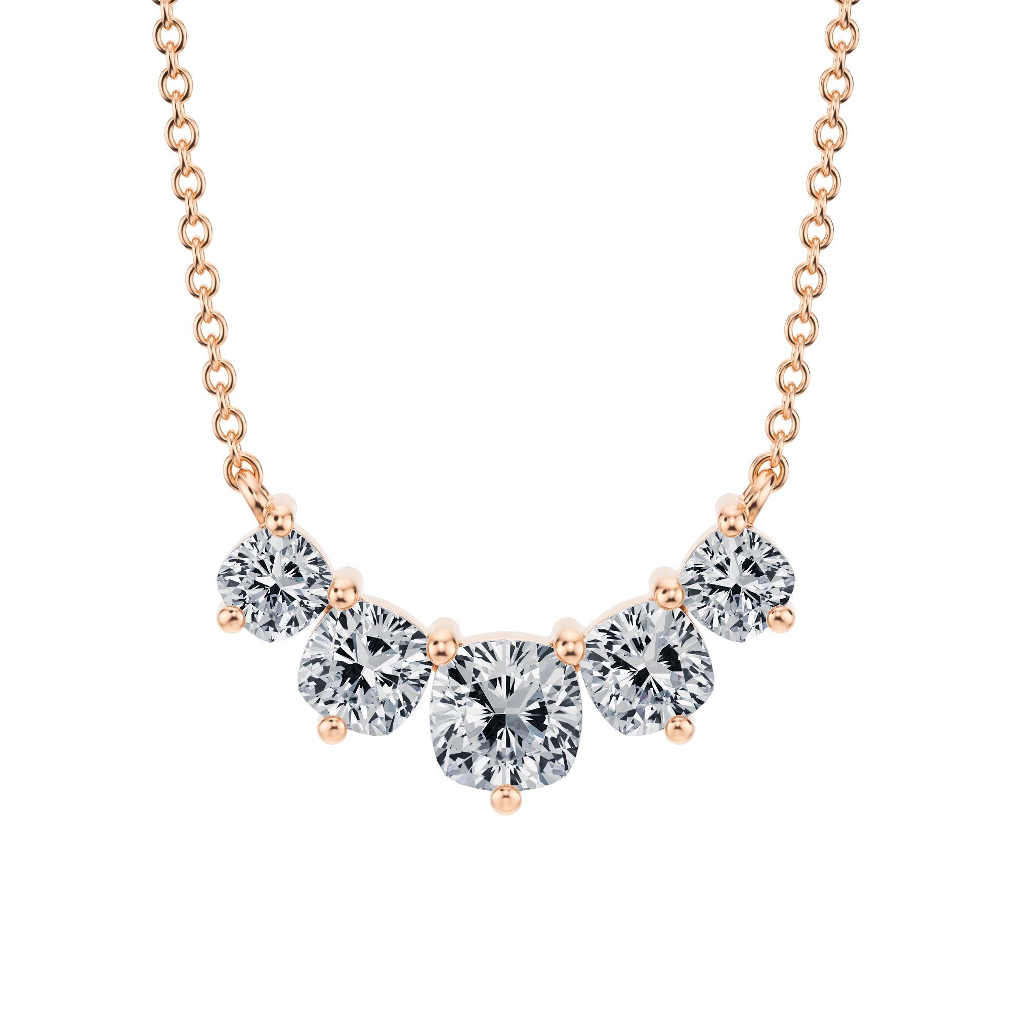 Stunning 1.5 TCW cushion lab grown diamond 
necklace, graduated design in pink gold.