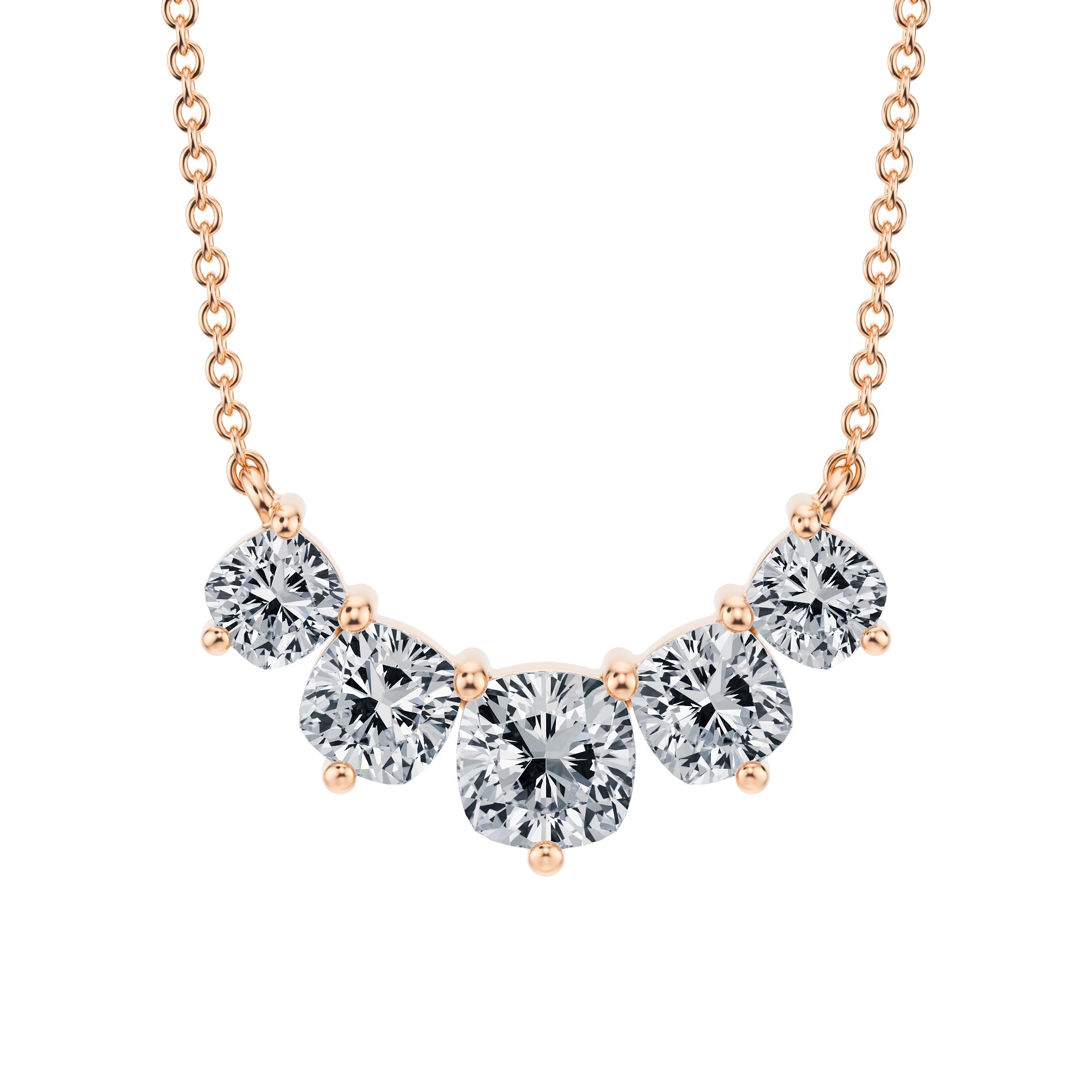 Indulge in a 2 TCW graduated cushion 
lab grown diamond necklace in pink gold.