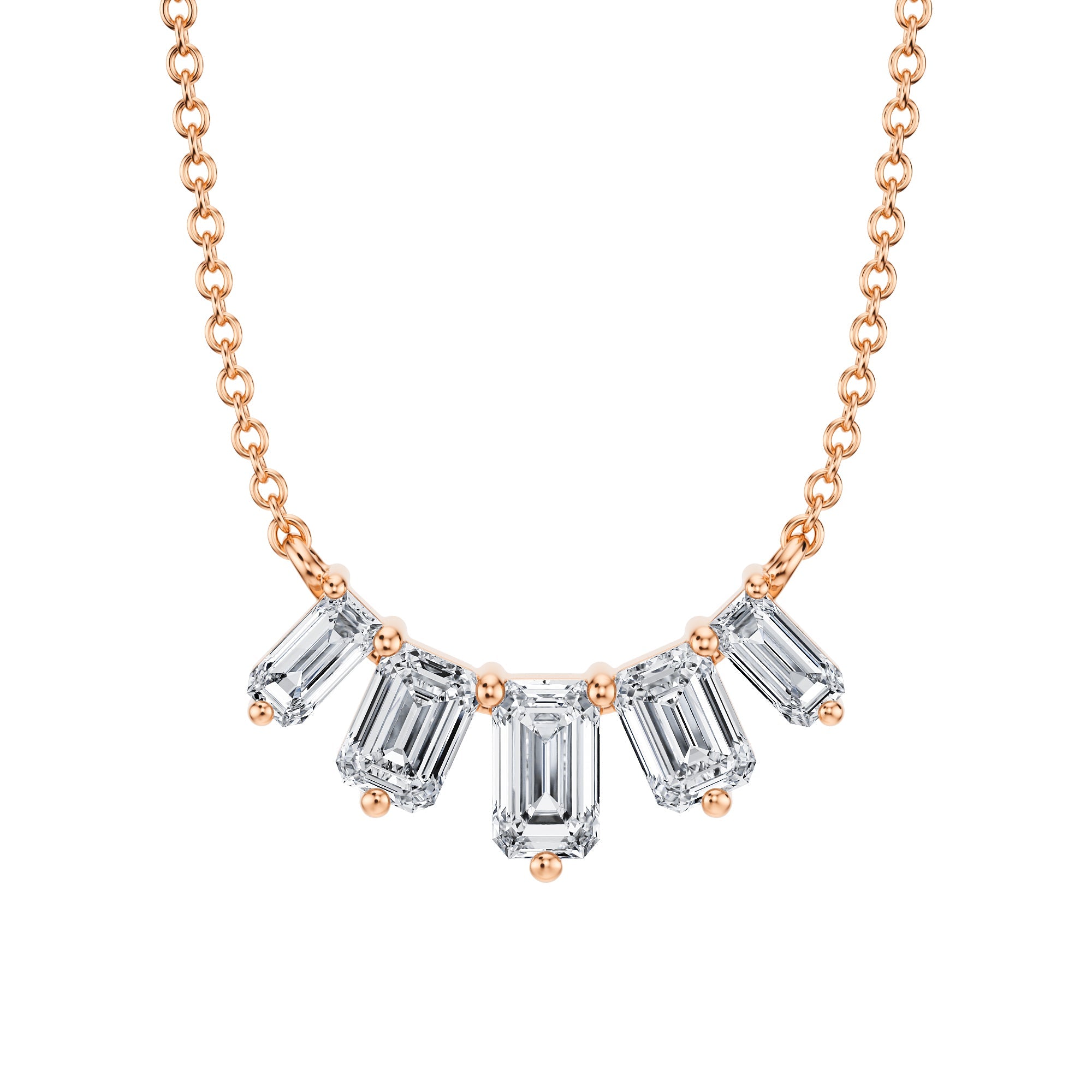 Classic 1 TCW lab grown emerald cut 
diamond necklace in pink gold, graduated style.