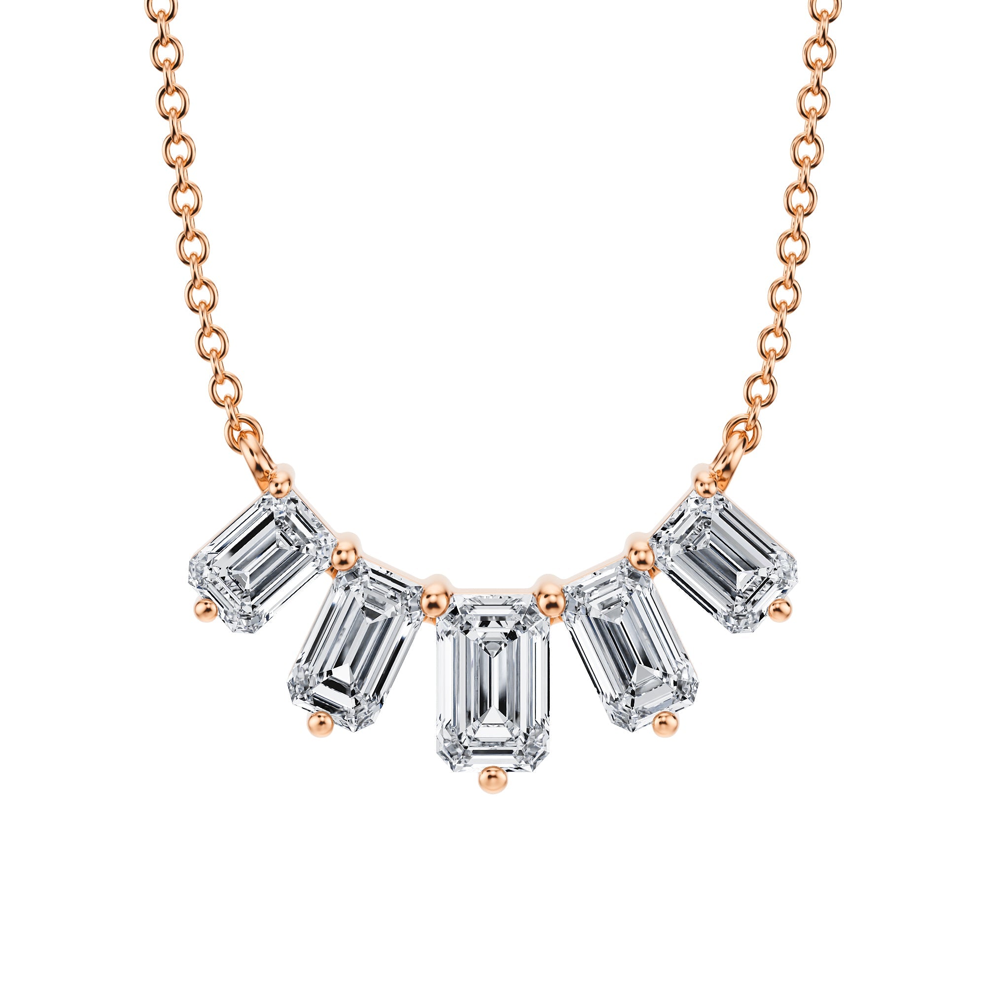 Luxurious 1.5 TCW lab grown emerald cut diamond 
necklace in pink gold, graduated design.