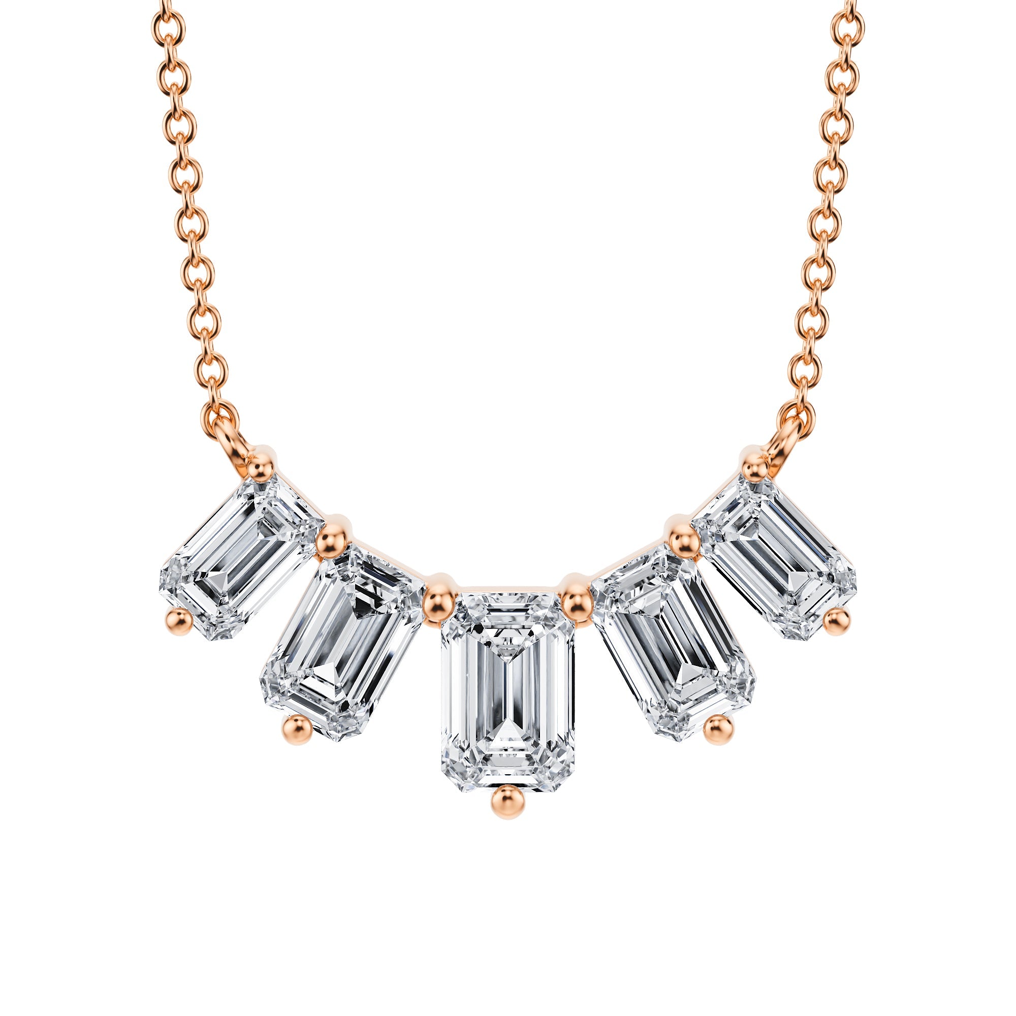 Dazzling 2 TCW graduated lab grown 
emerald cut diamond necklace in pink gold.