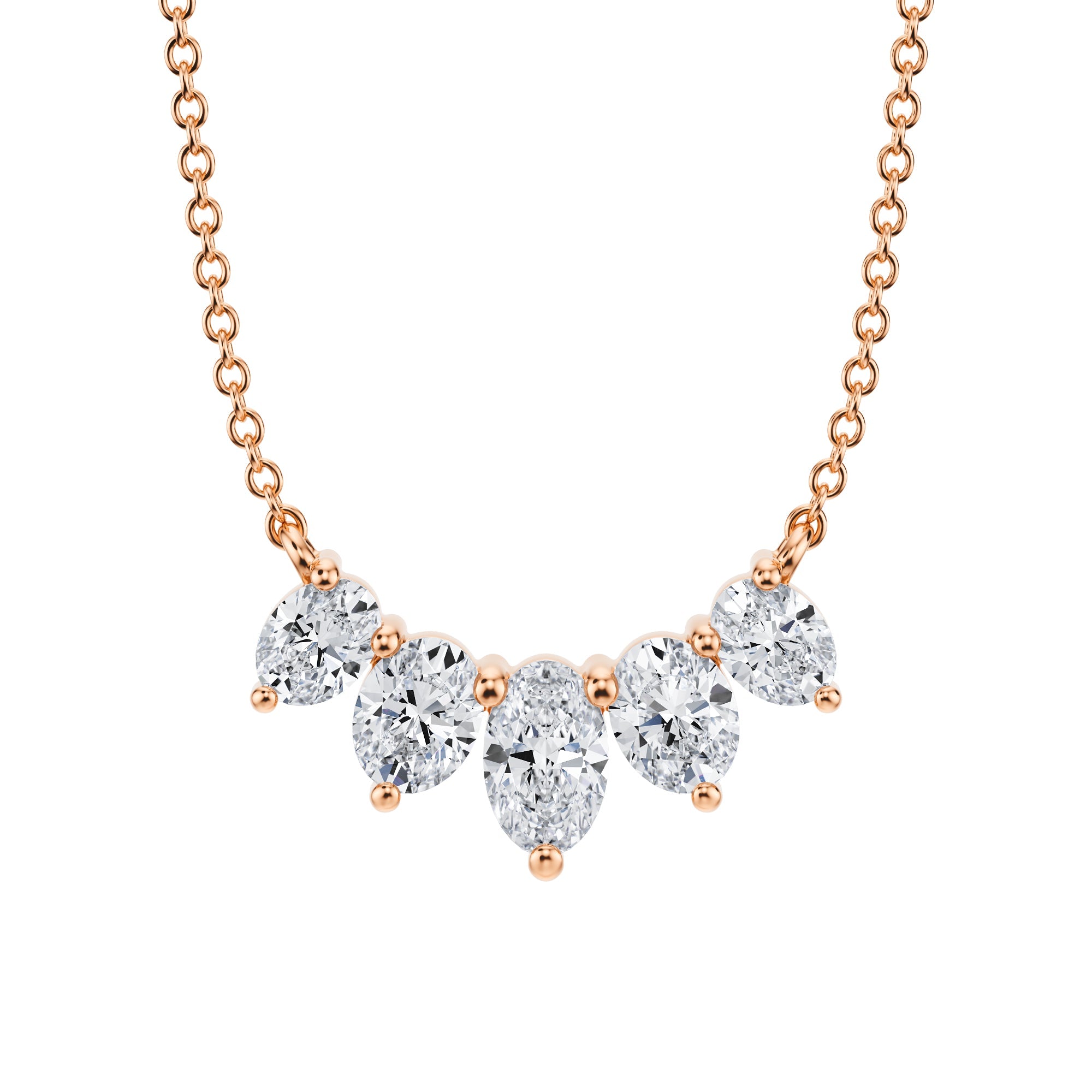 Elegant 1 TCW graduated lab grown oval 
cut diamond necklace in pink gold.