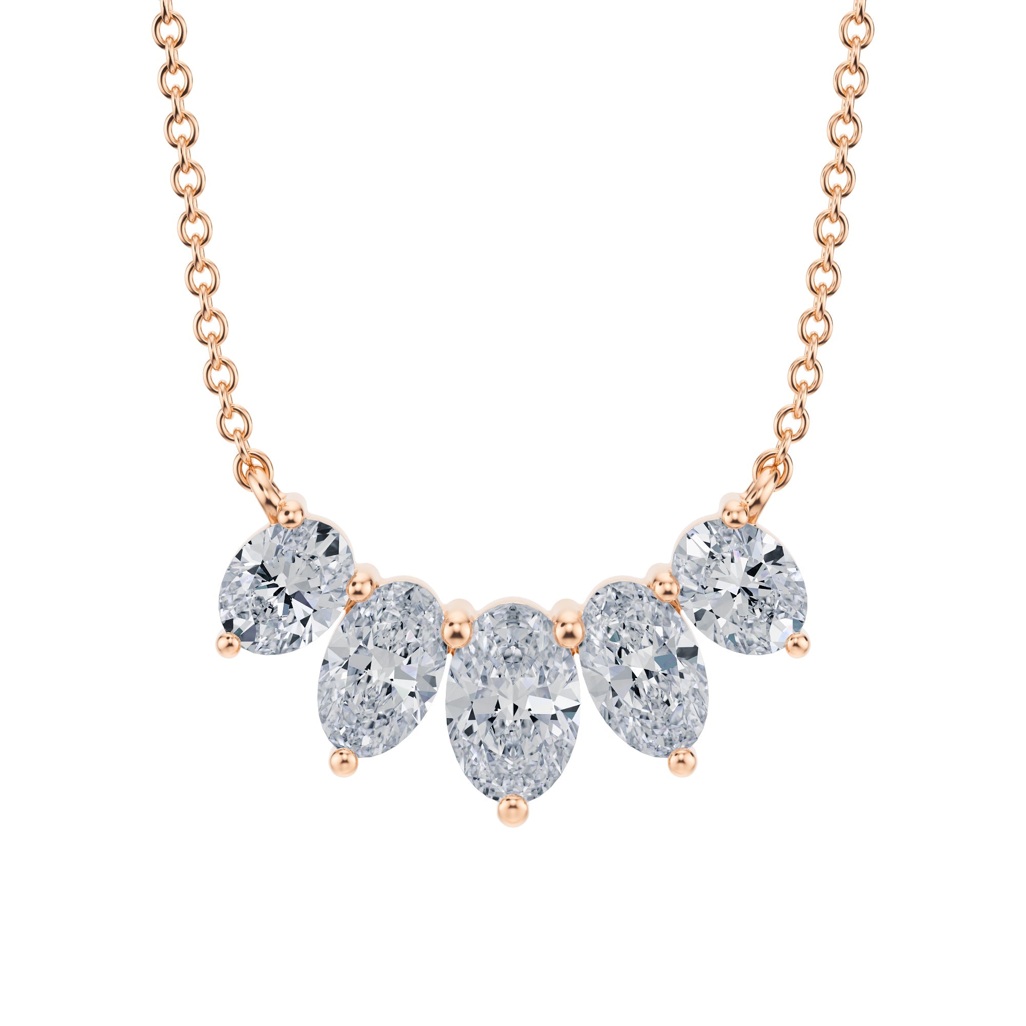 Dazzling 1.5 TCW graduated lab grown oval 
cut diamond necklace in pink gold.