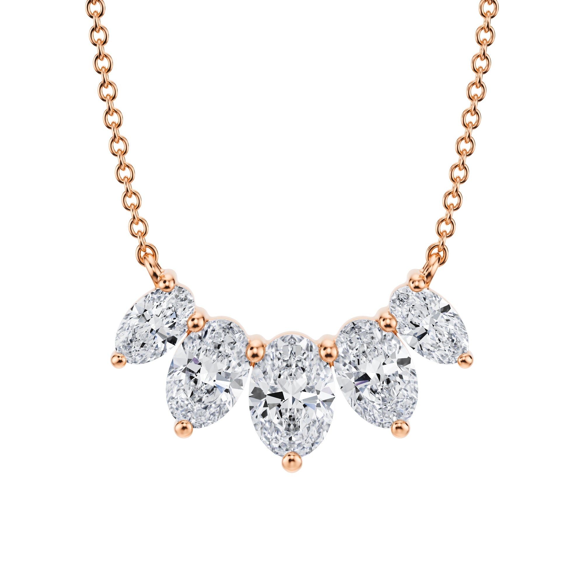 Glamorous 2 TCW graduated necklace 
featuring lab grown oval cut diamonds
in pink gold.