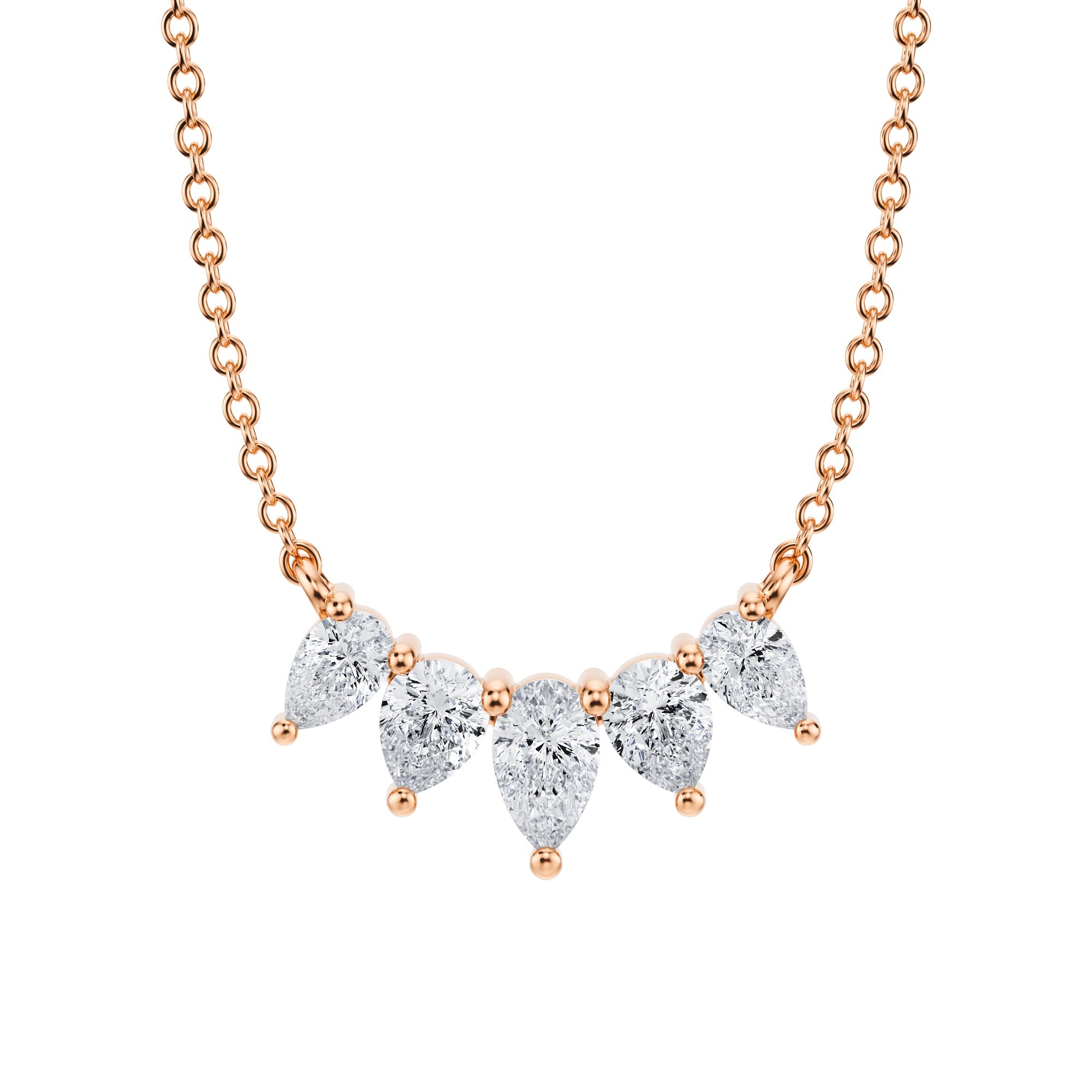 Luxurious 1 TCW graduated lab grown 
pear diamond necklace in pink gold.