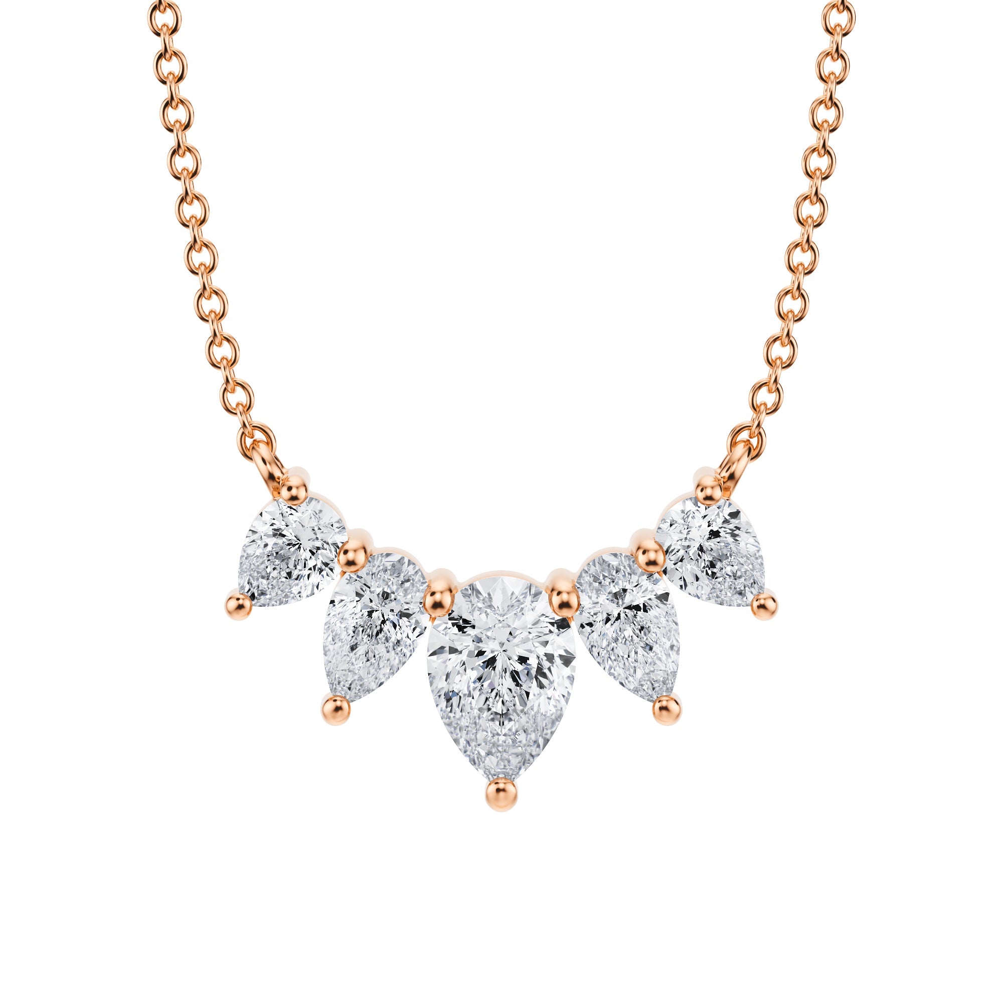 Sophisticated 1.5 TCW pear cut lab grown 
diamond graduated necklace in pink gold.