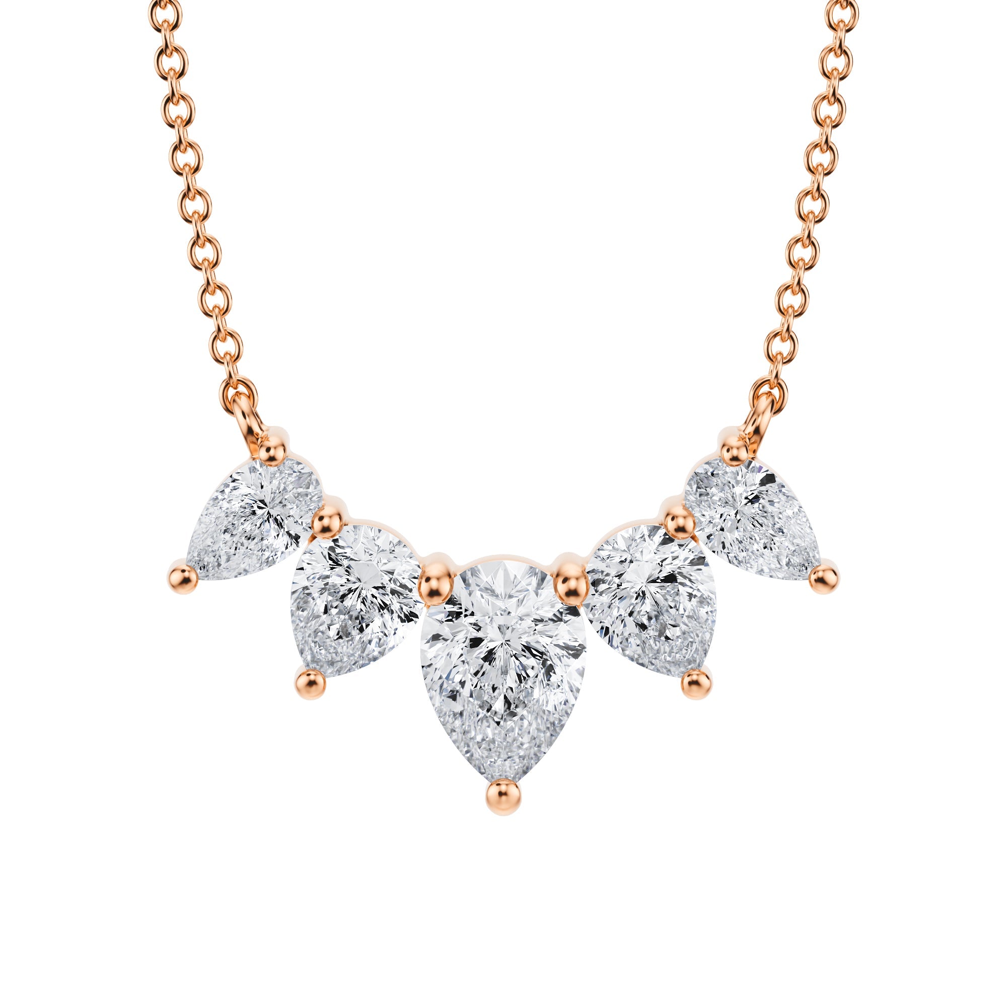 Stunning 2 TCW graduated necklace with 
lab grown 
pear cut diamonds in pink gold.