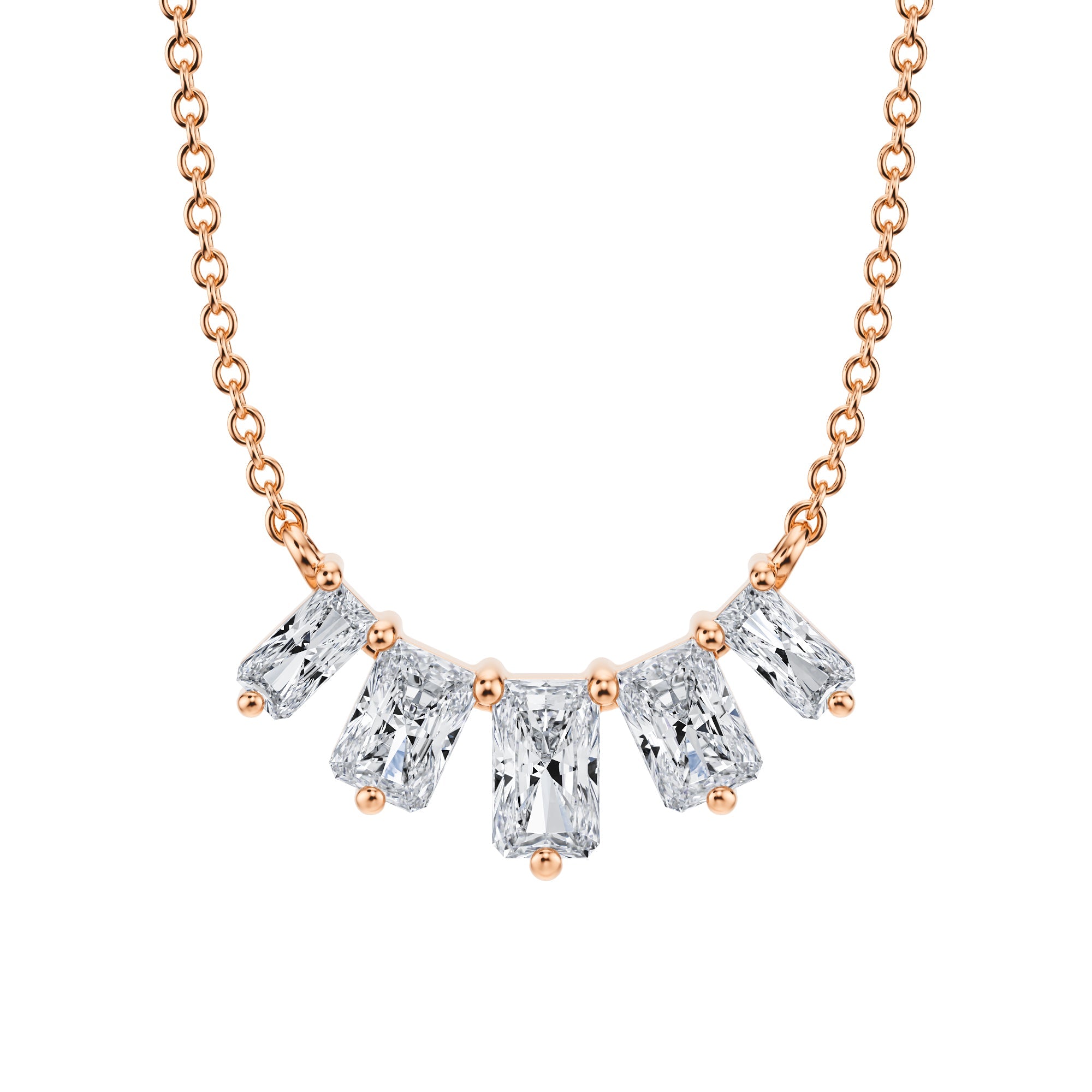 Premium 1 TCW graduated radiant lab grown 
diamond necklace in pink gold.