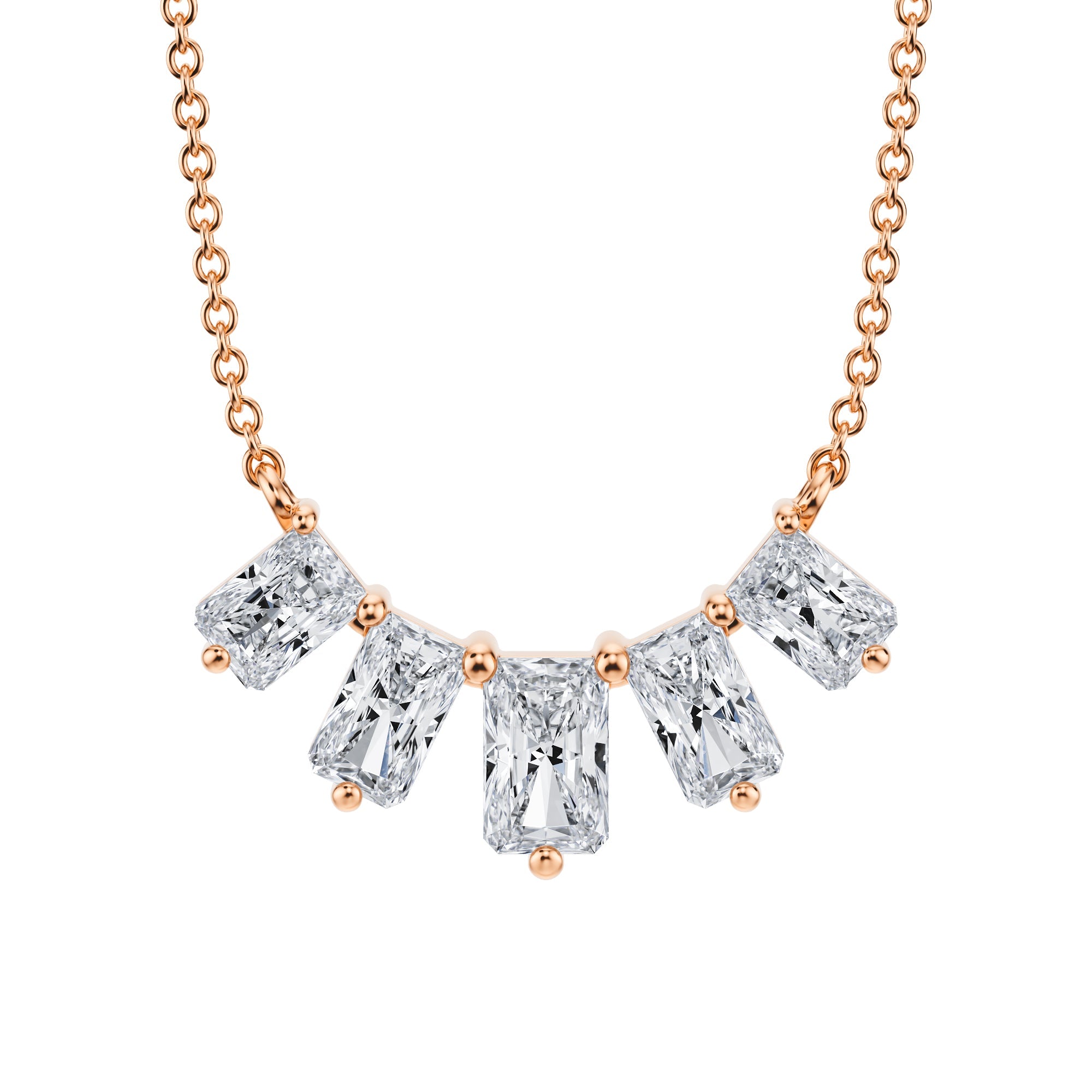 Captivating 1.5 TCW radiant diamond 
graduated necklace, lab grown in pink gold.