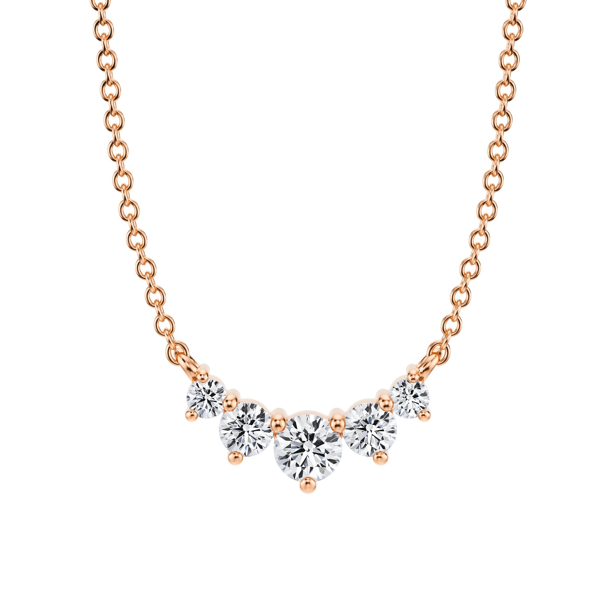 Elegant 1/3 TCW lab grown diamond 
pink gold
necklace with five graduated 
stones in secure prong settings.