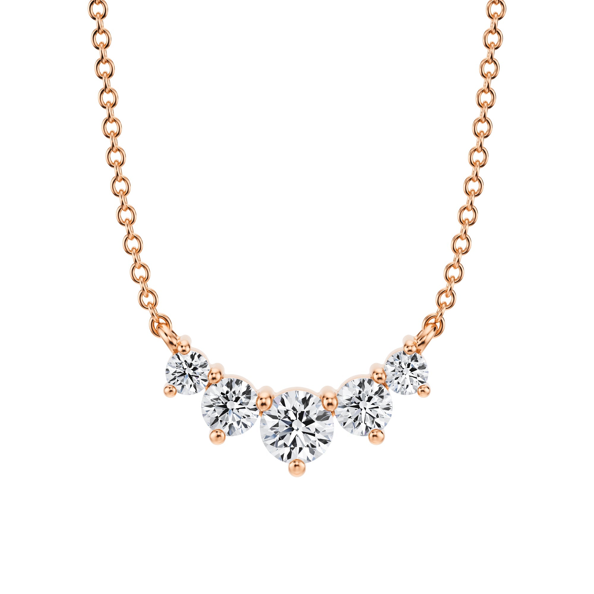 Chic 1/2 TCW lab grown diamond necklace 
with 5 pink gold prong-set stones.