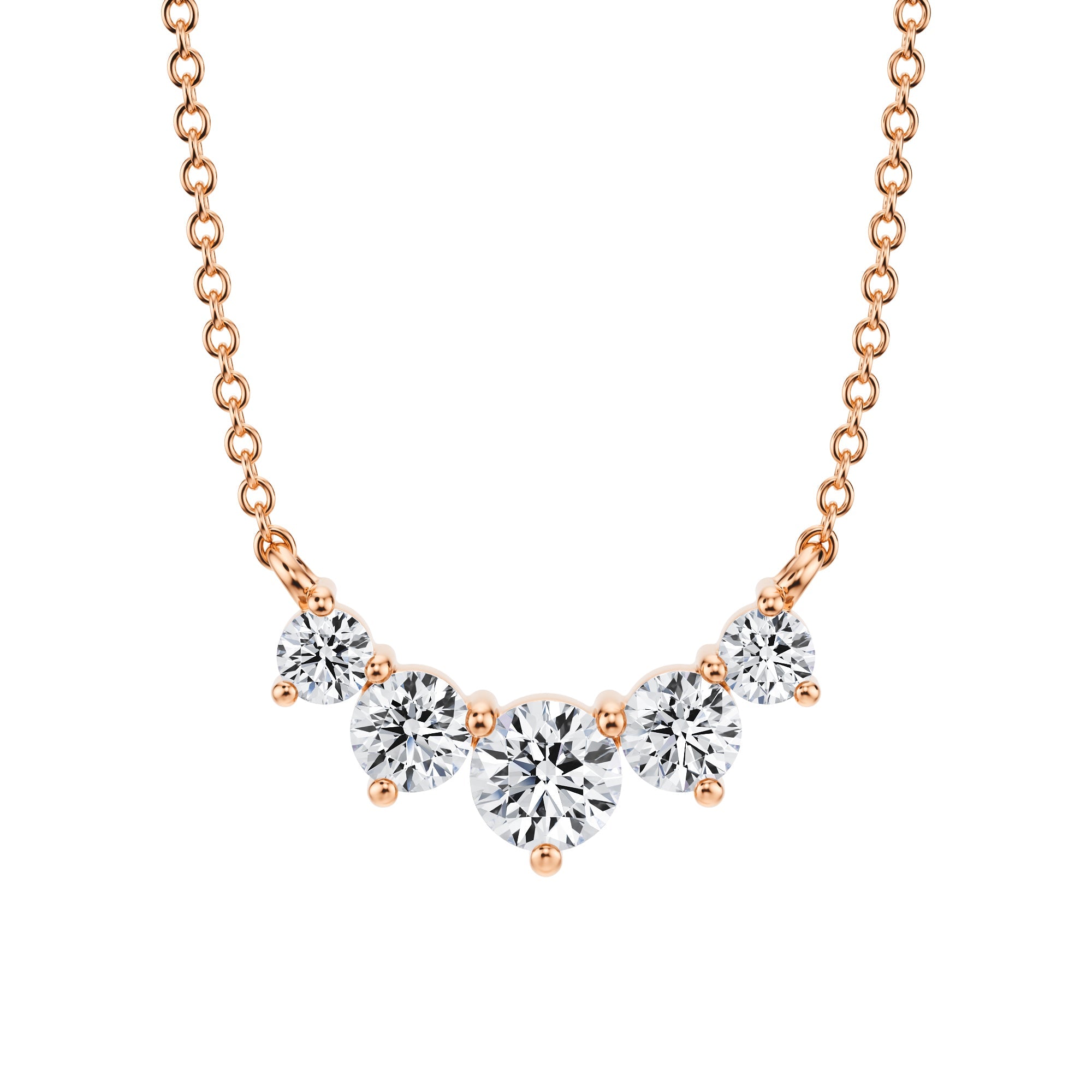 Luxurious 3/4 TCW graduated lab grown 
diamond necklace set in pink gold.