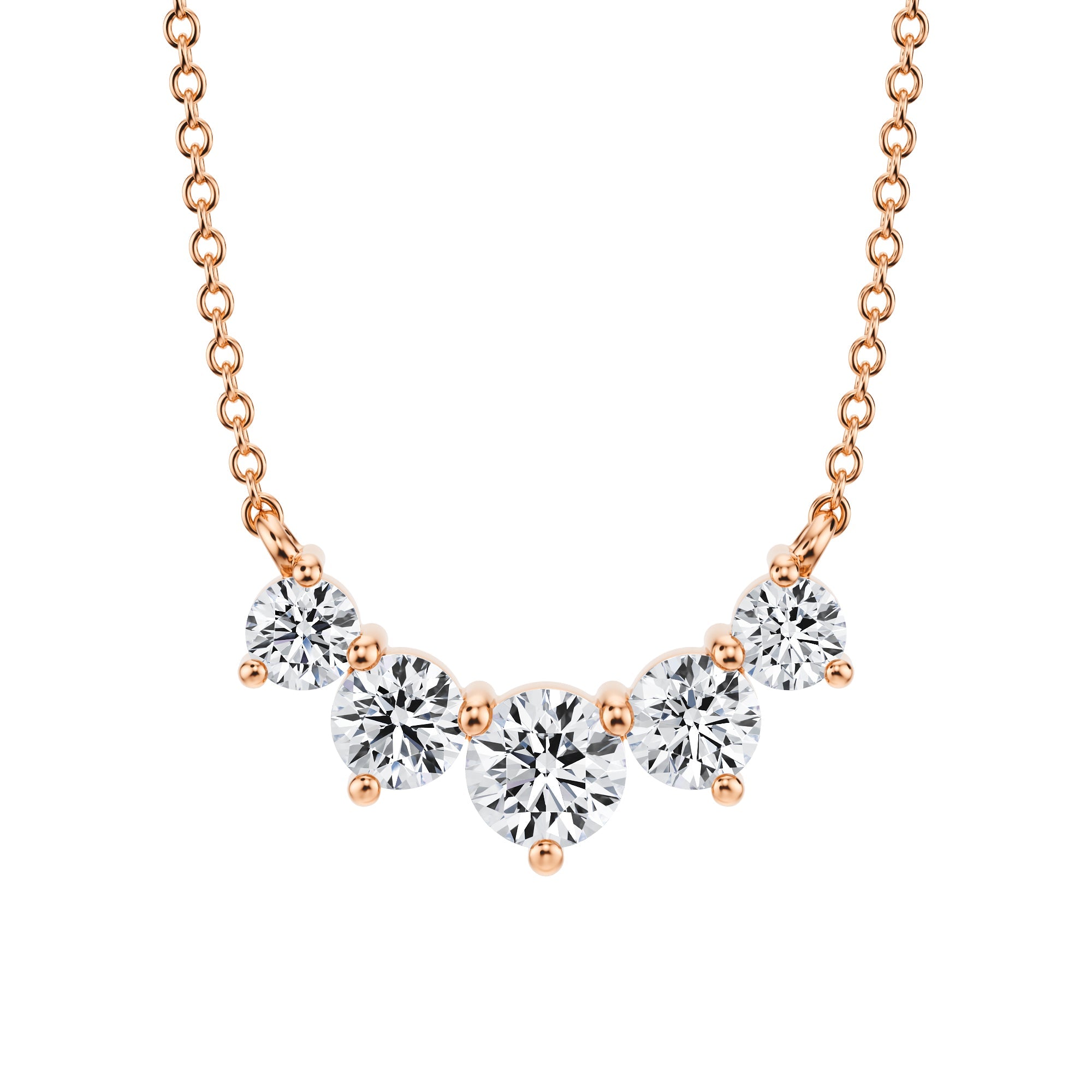 Opulent 1 TCW graduated lab grown
diamond necklace in a pink gold setting.