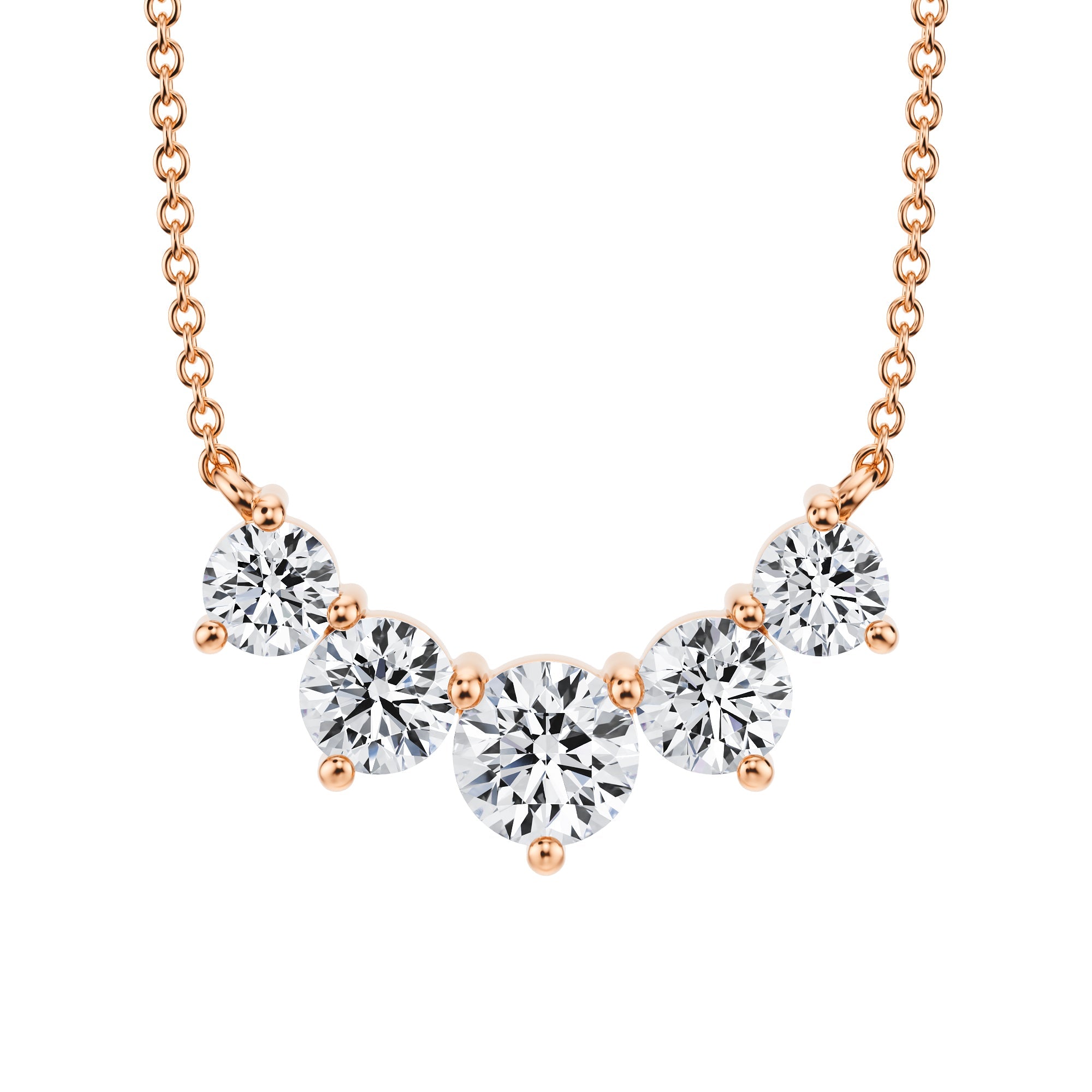 Charming 1.5 TCW graduated lab grown diamond 
necklace crafted in pink gold.