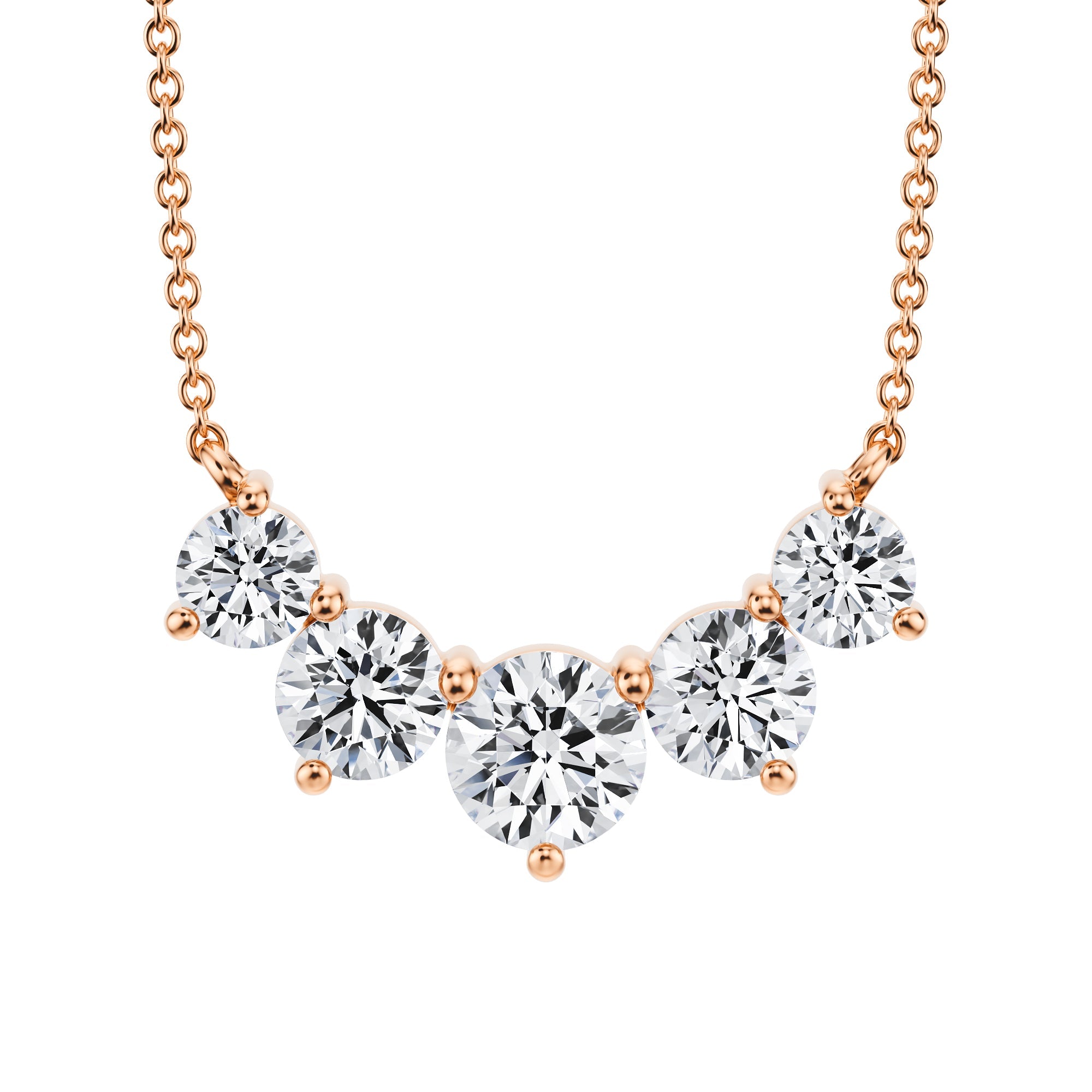 Luxurious 2 TCW lab grown diamond graduated 
necklace crafted in pink gold.