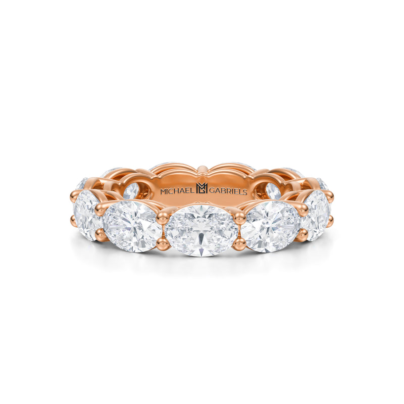 Rose gold eternity band with lab-grown diamonds in horizontal oval shape.
