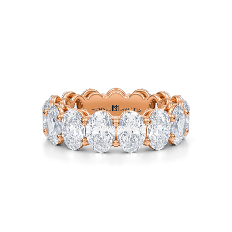 Rose gold eternity band with lab-grown diamonds in vertical oval shape.