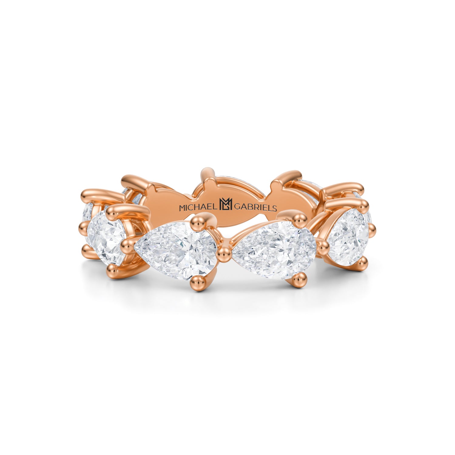 Rose gold eternity band with lab-grown diamonds.