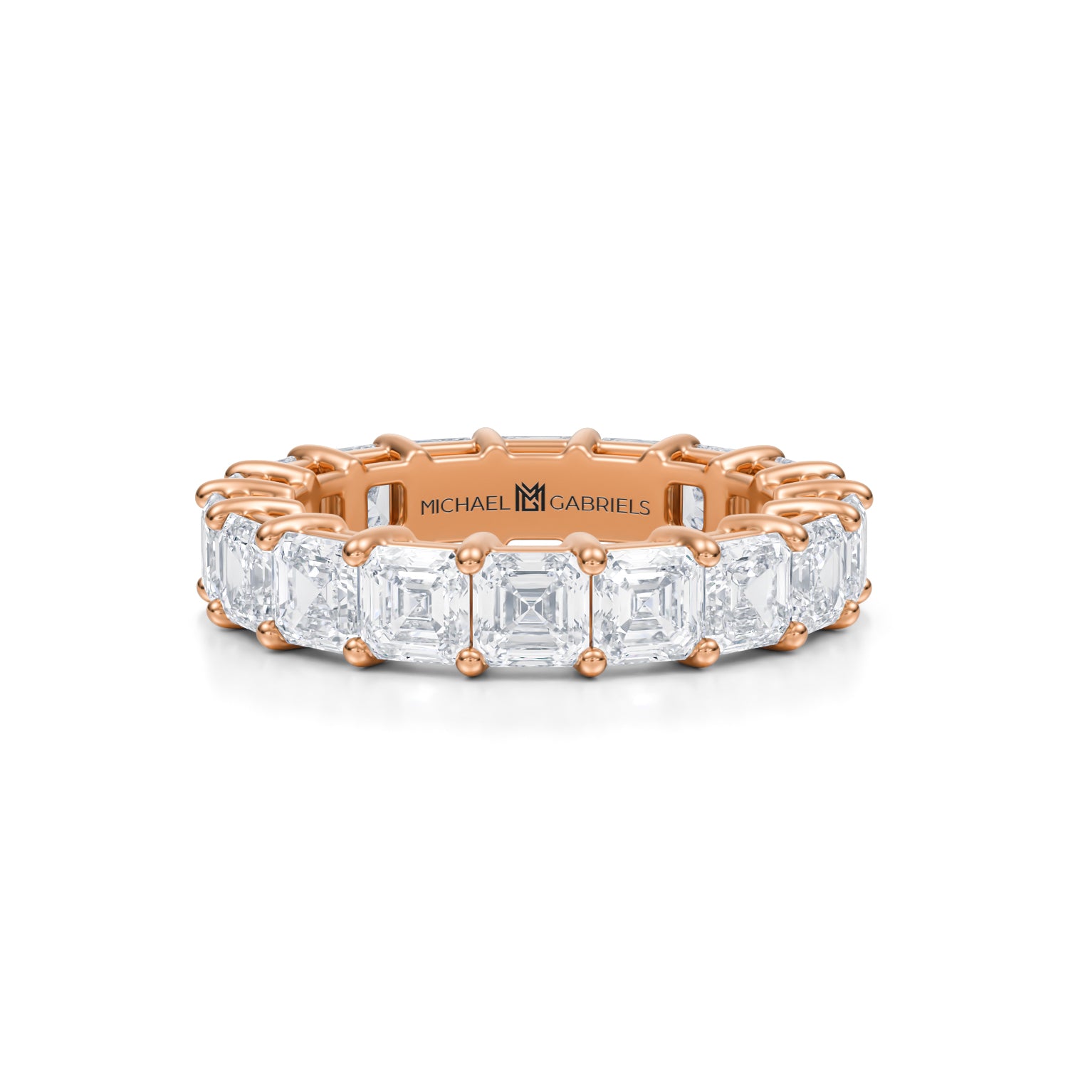 Rose gold eternity band with Asscher cut lab grown diamonds.