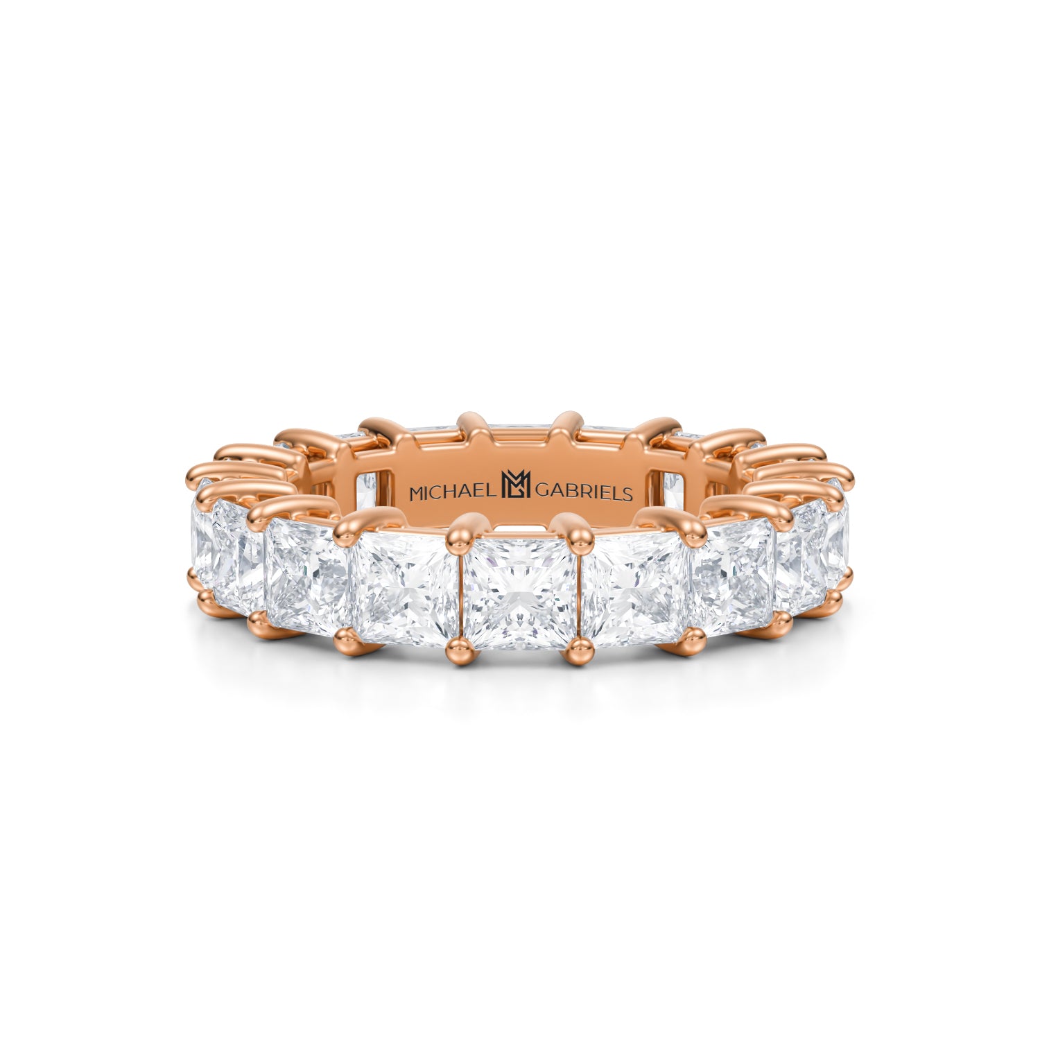 Rose gold eternity band with princess cut lab grown diamonds.