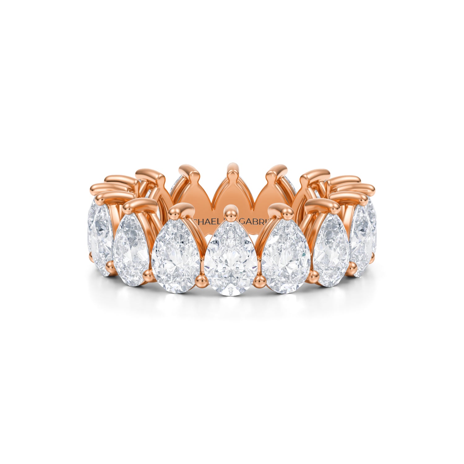 Rose gold eternity band with lab-grown diamonds.