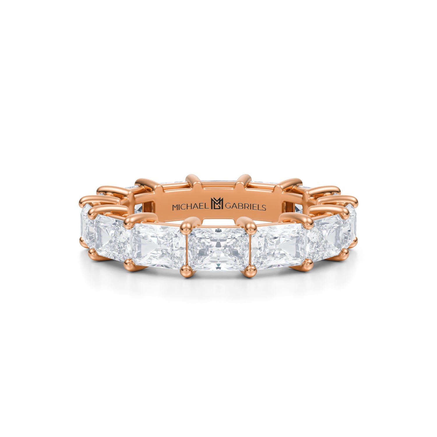 Rose gold eternity band with lab-grown diamonds.