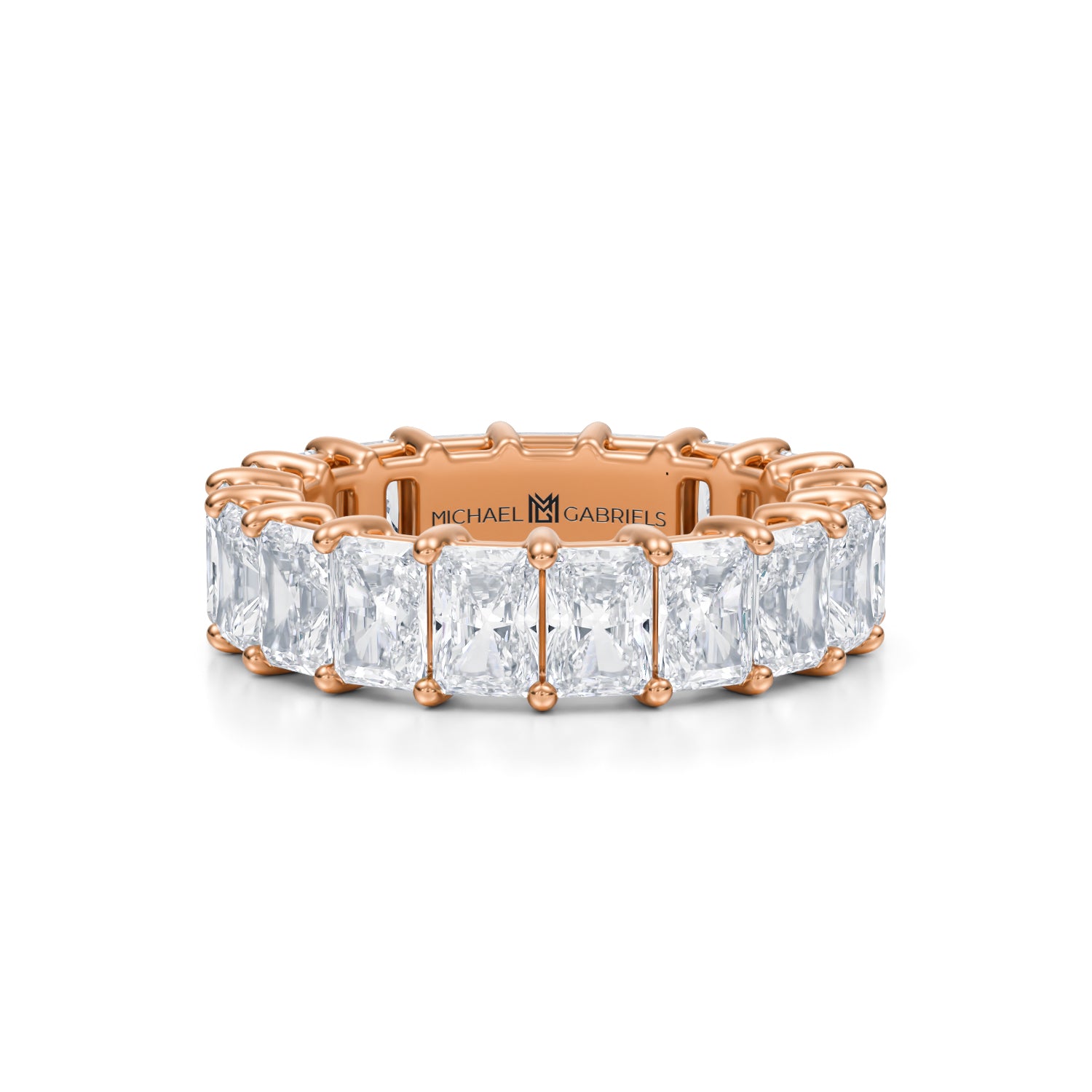 Rose gold eternity band with lab-grown diamonds.