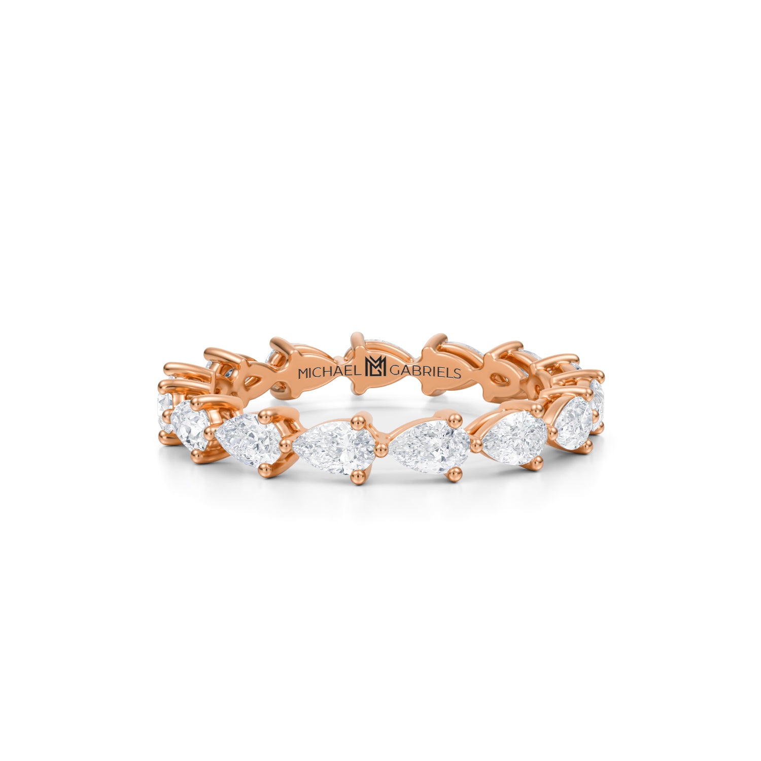 Rose gold eternity band with lab-grown diamonds.