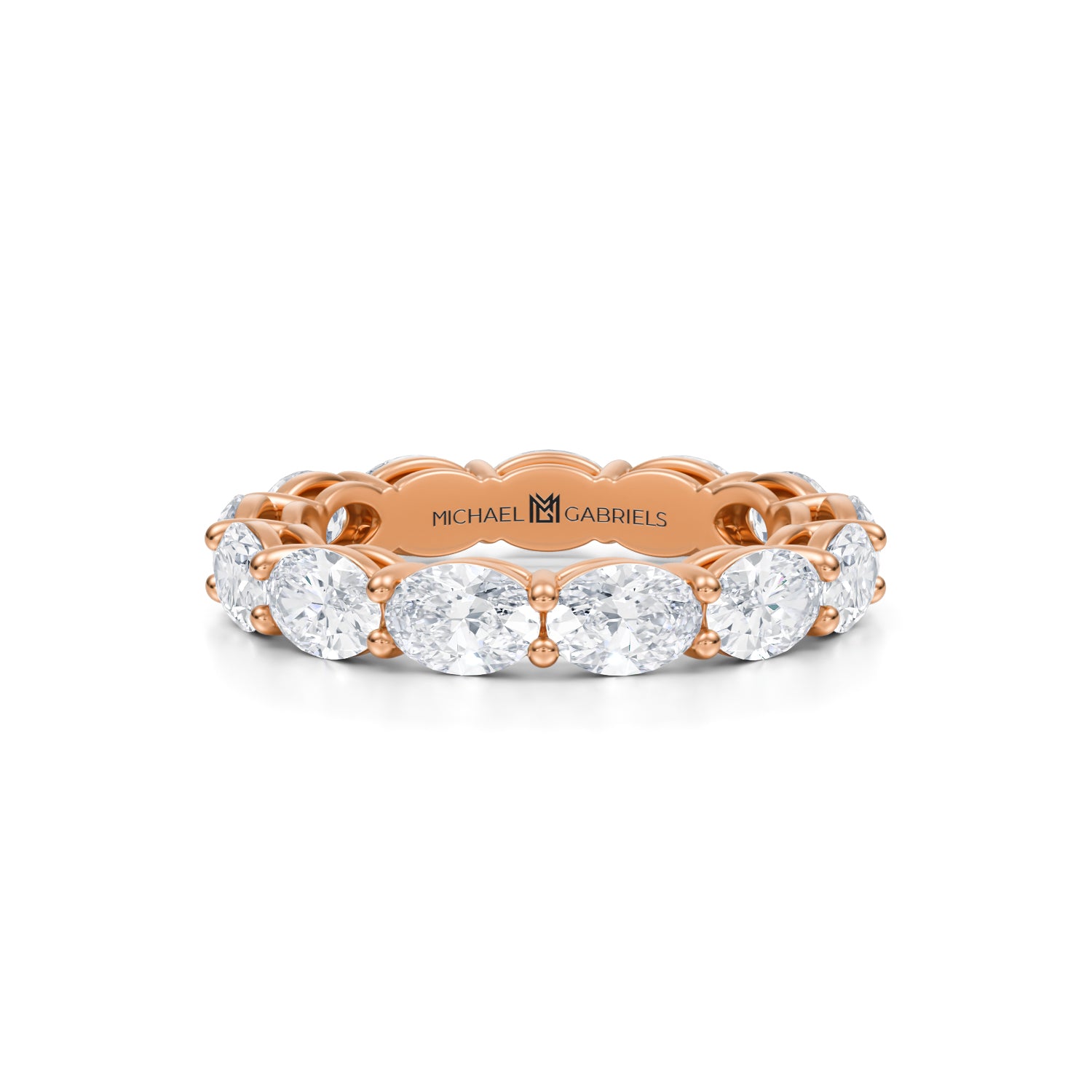 Rose gold eternity band with lab-grown diamonds.