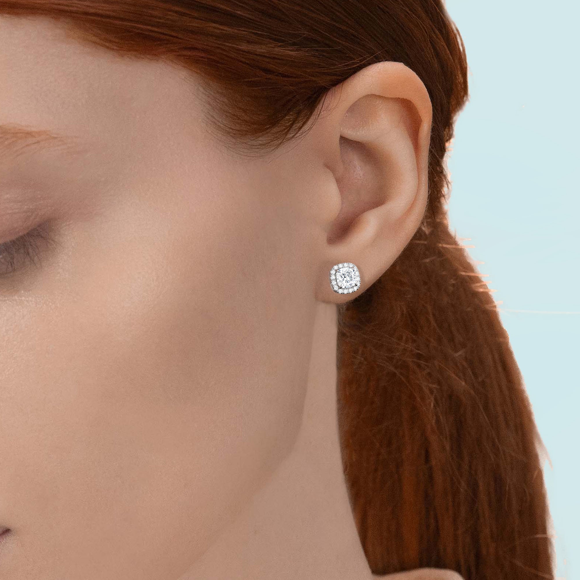 1 Carat Cushion Halo Stud Earrings