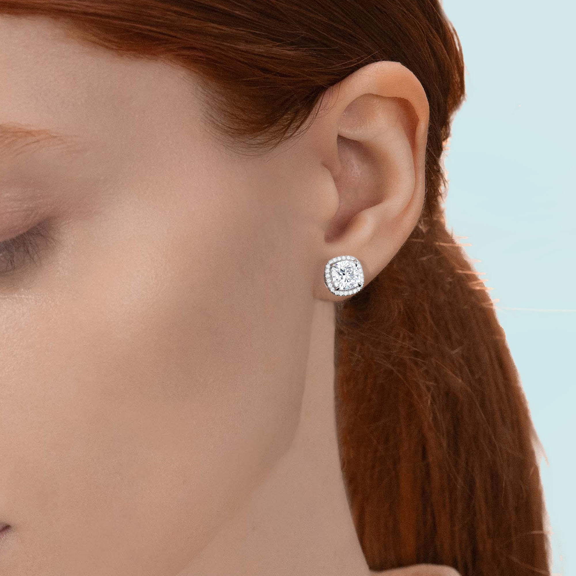 4 Carat Cushion Halo Stud Earrings