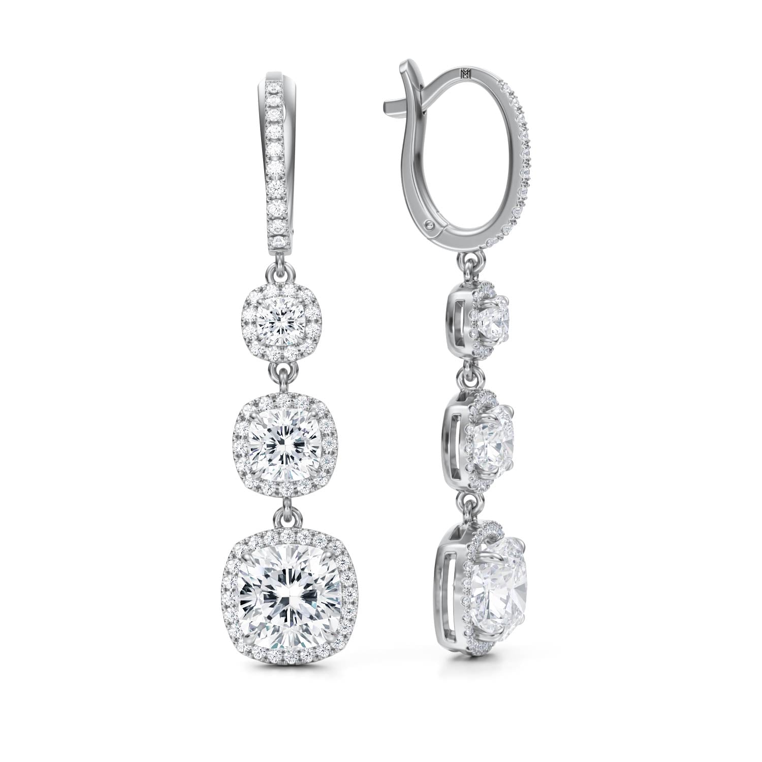 4 Carat Cushion Three Stone Halo Drop Earrings